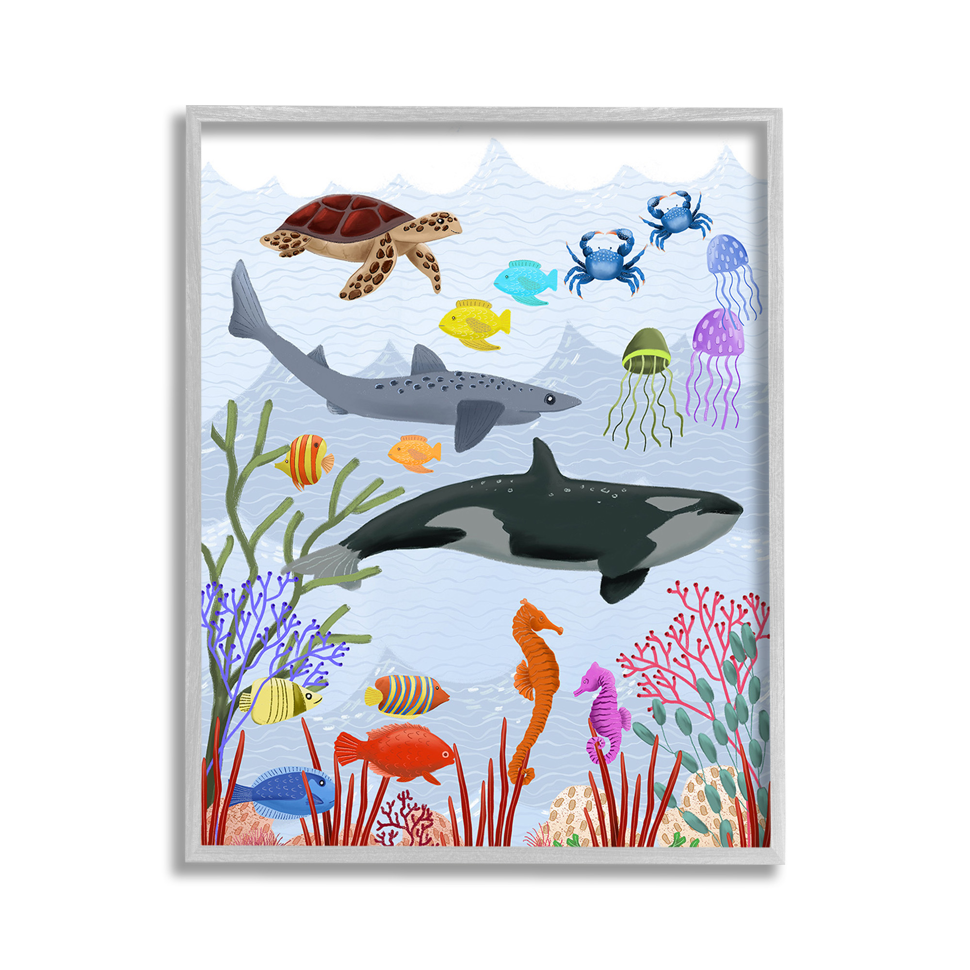 Stupell Industries Aquatic Animals Underwater Animals & Insects Painting Gray Framed Art Print Wall Art, 11 x 14