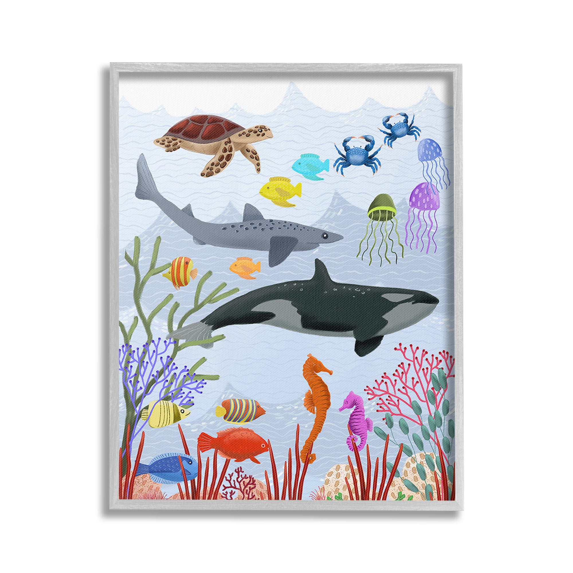 Stupell Industries Aquatic Animals Underwater Animals & Insects Painting Gray Framed Art Print Wall Art, 24 x 30