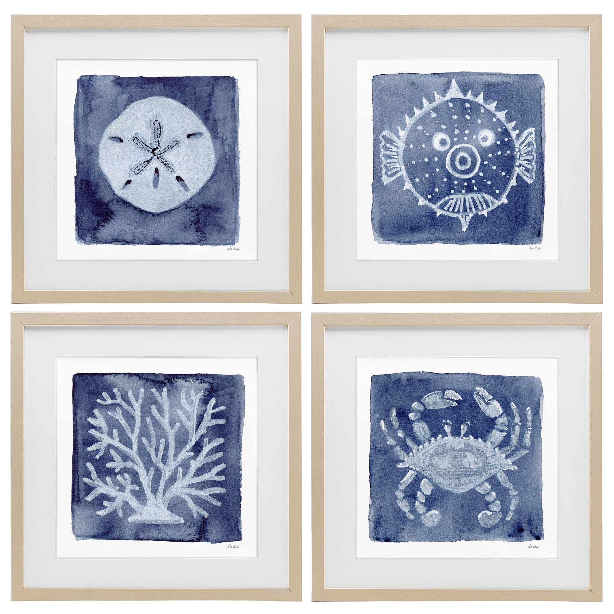 Stupell Industries Aquatic Creatures on Indigo 4 Piece Birch Framed Print Under Glass Set, design by Patti Bishop