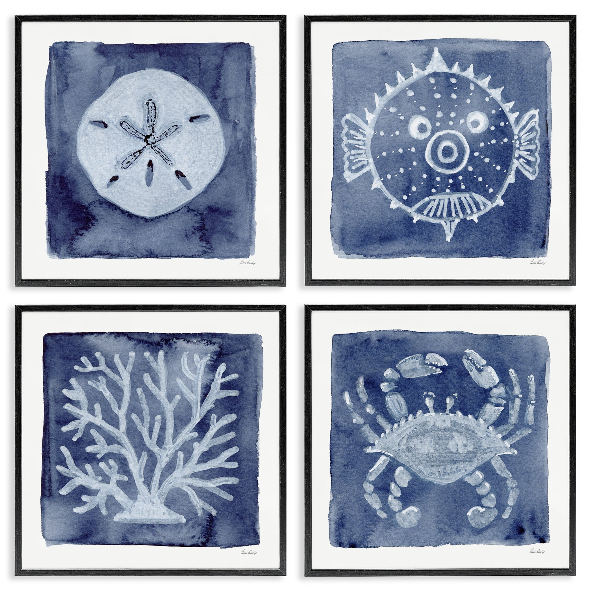 Stupell Industries Aquatic Creatures on Indigo 4 Piece Black Framed Giclee Art Set, design by Patti Bishop