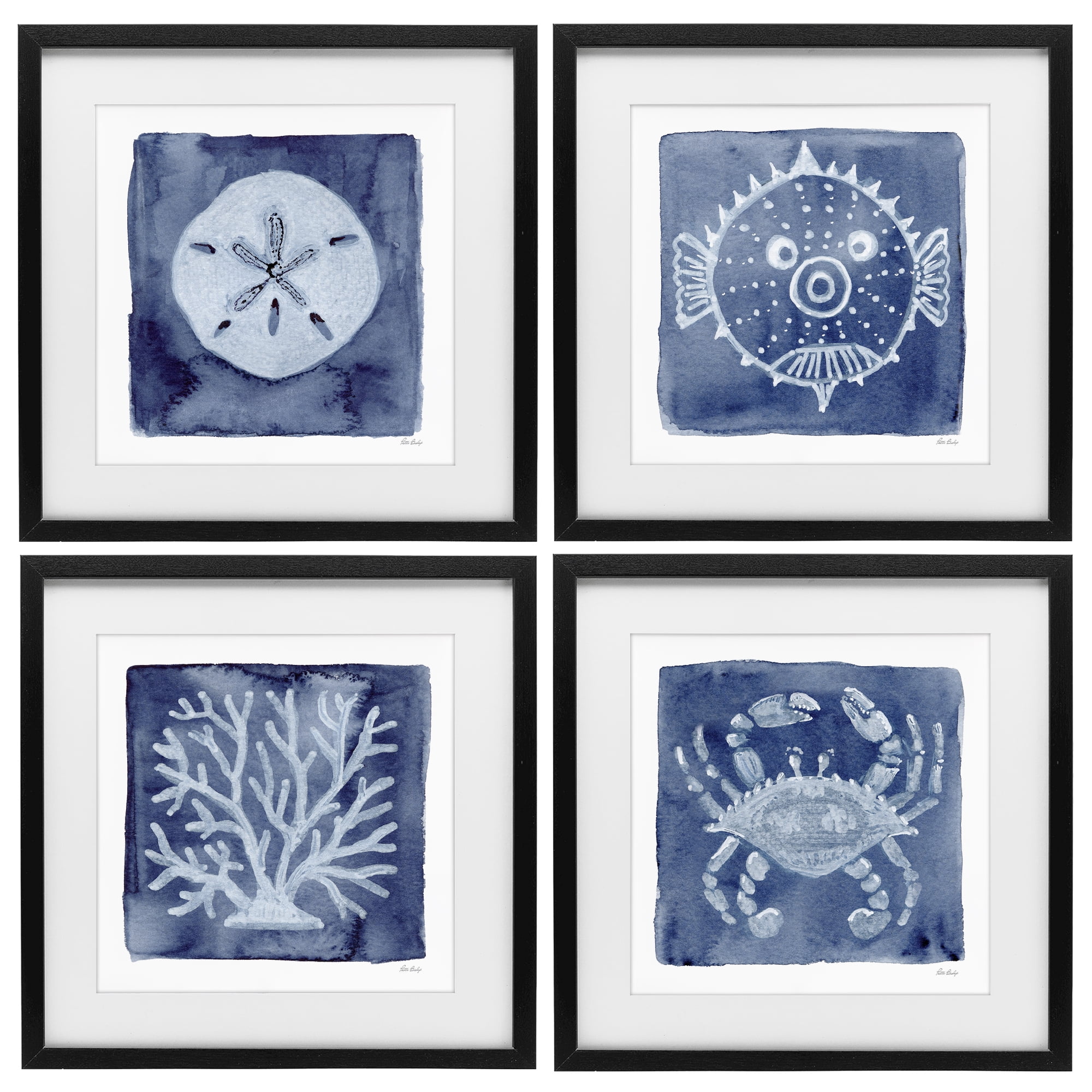 Stupell Industries Aquatic Creatures on Indigo 4 Piece Black Framed Print Under Glass Set, design by Patti Bishop