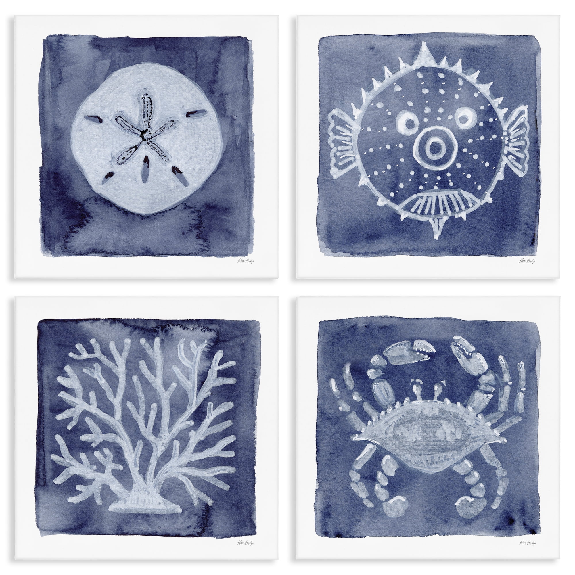 Stupell Industries Aquatic Creatures on Indigo 4 Piece Canvas Wall Art Set, design by Patti Bishop