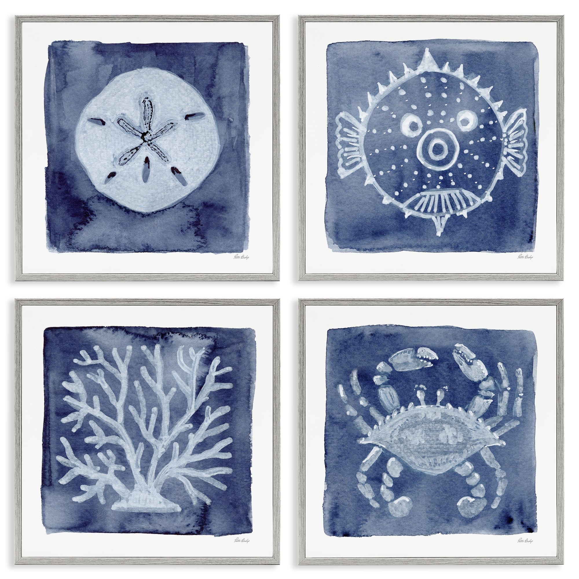 Stupell Industries Aquatic Creatures on Indigo 4 Piece Gray Framed Giclee Art Set, design by Patti Bishop