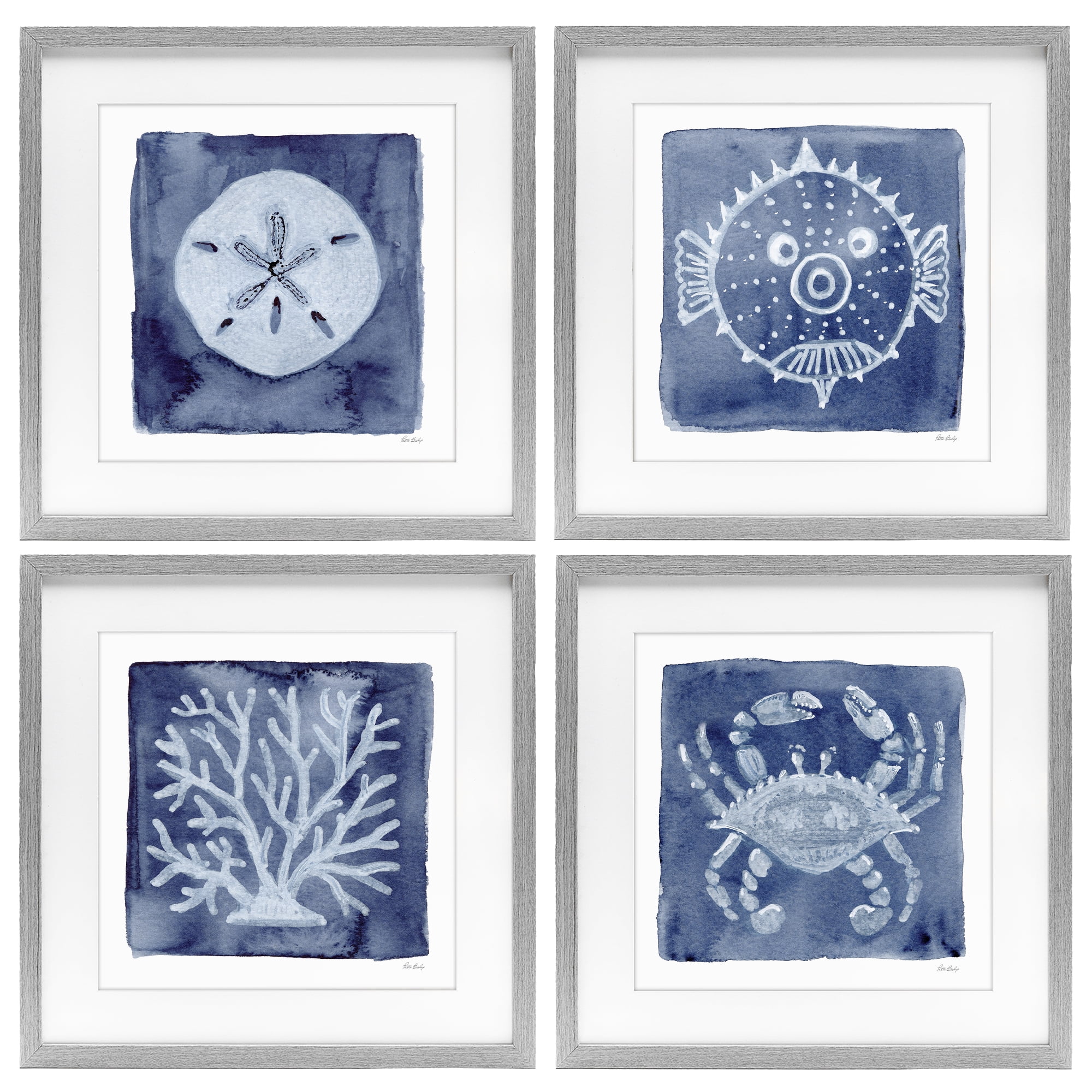 Stupell Industries Aquatic Creatures on Indigo 4 Piece Gray Framed Print Under Glass Set, design by Patti Bishop