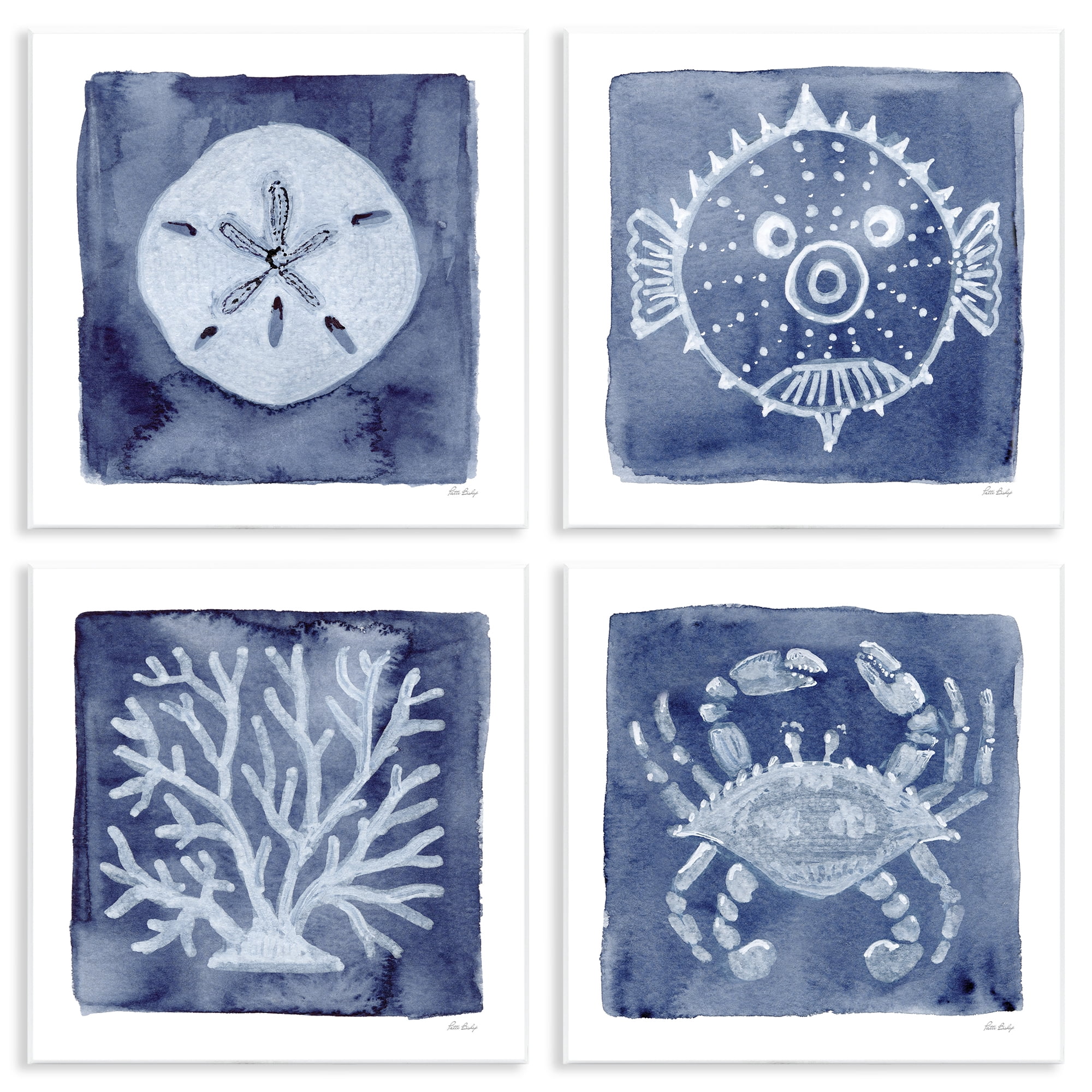 Stupell Industries Aquatic Creatures on Indigo 4 Piece Wall Plaque Art Set, design by Patti Bishop