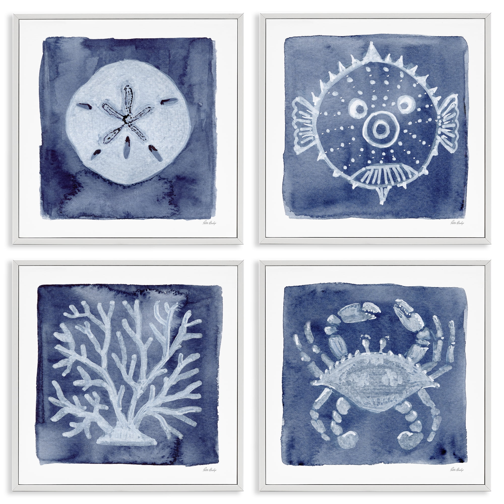Stupell Industries Aquatic Creatures on Indigo 4 Piece White Framed Giclee Art Set, design by Patti Bishop
