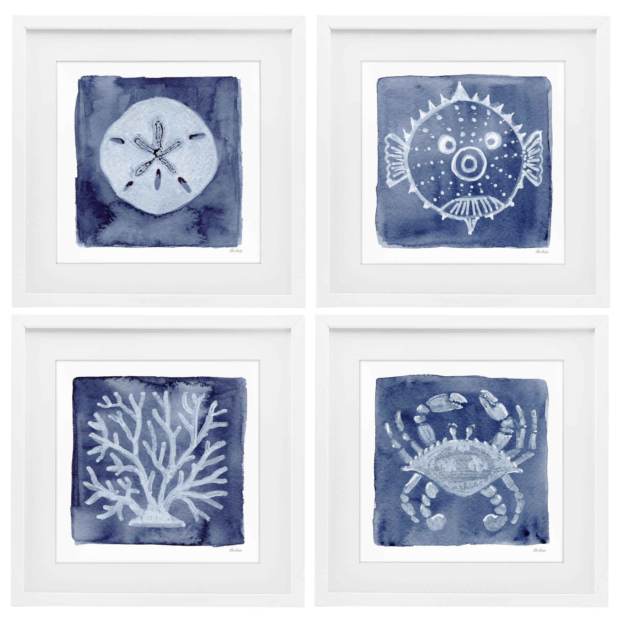 Stupell Industries Aquatic Creatures on Indigo 4 Piece White Framed Print Under Glass Set, design by Patti Bishop