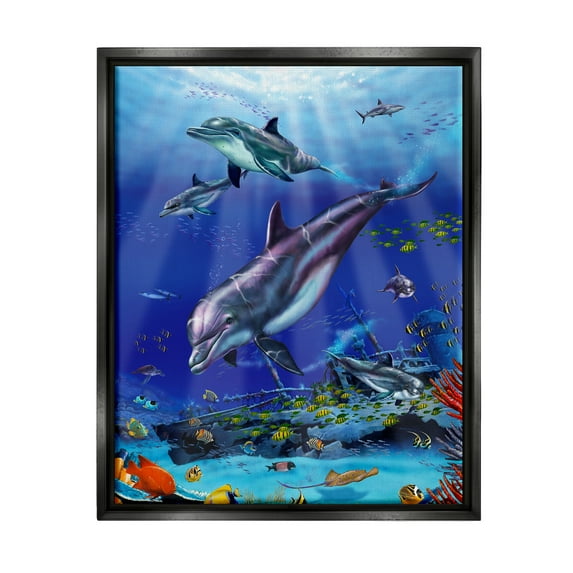 Stupell Industries Aquatic Dolphins & Fish Coastal Painting Black Floater Framed Art Print Wall Art