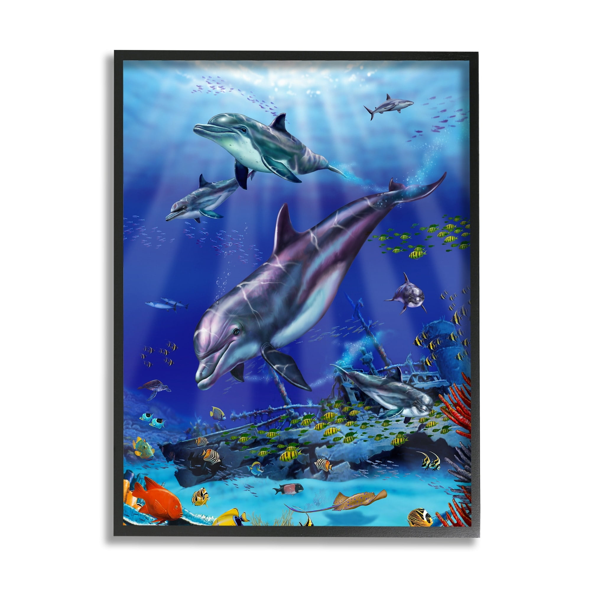 Stupell Industries Aquatic Dolphins & Fish Coastal Painting Black Framed Art Print Wall Art