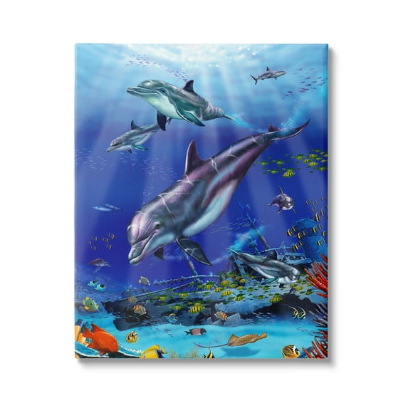 Stupell Industries Aquatic Dolphins & Fish Coastal Painting Gallery Wrapped Canvas Print Wall Art