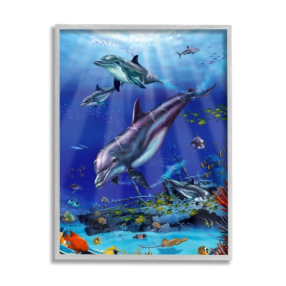 Stupell Industries Aquatic Dolphins & Fish Coastal Painting Gray Framed Art Print Wall Art