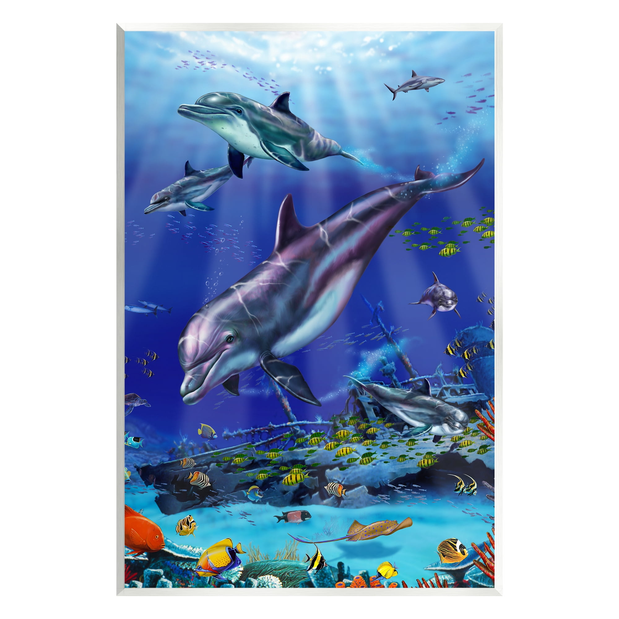 Stupell Industries Aquatic Dolphins & Fish Coastal Painting Unframed Art Print Wall Art
