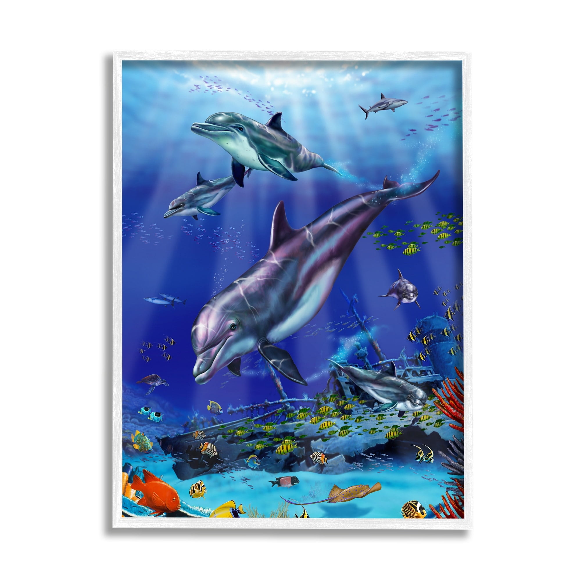 Stupell Industries Aquatic Dolphins & Fish Coastal Painting White Framed Art Print Wall Art