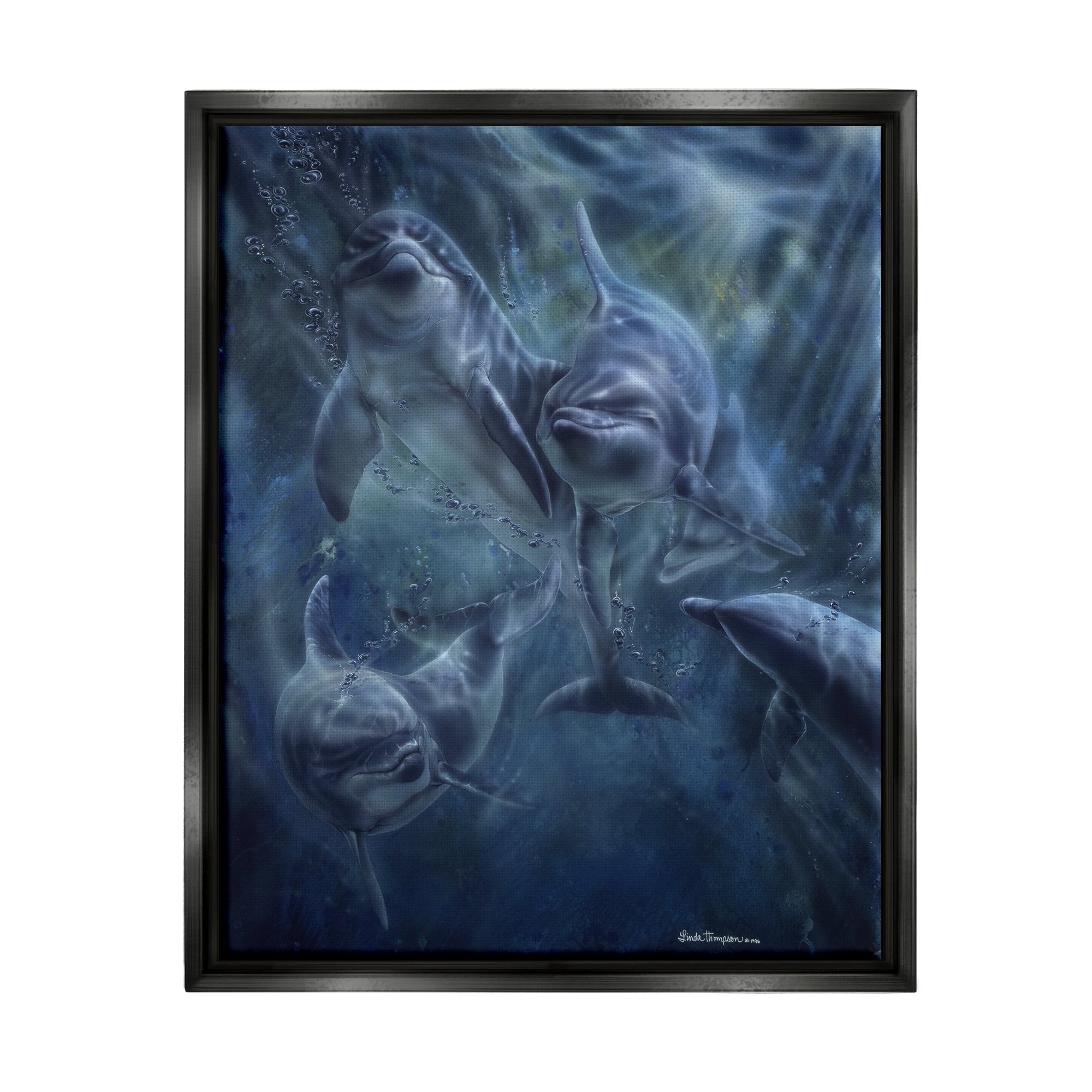 Stupell Industries Aquatic Dolphins Underwater Coastal Painting Black Floater Framed Art Print Wall Art