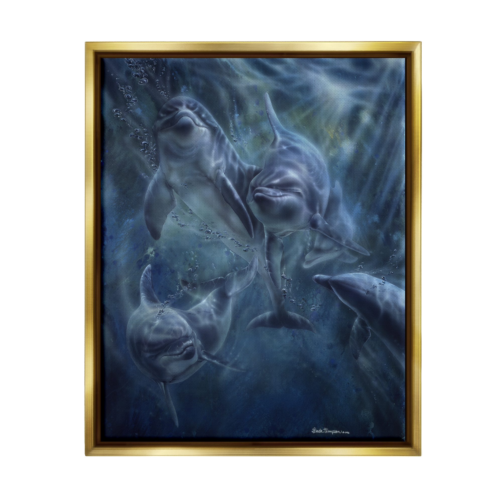 Stupell Industries Aquatic Dolphins Underwater Coastal Painting Gold Floater Framed Art Print Wall Art