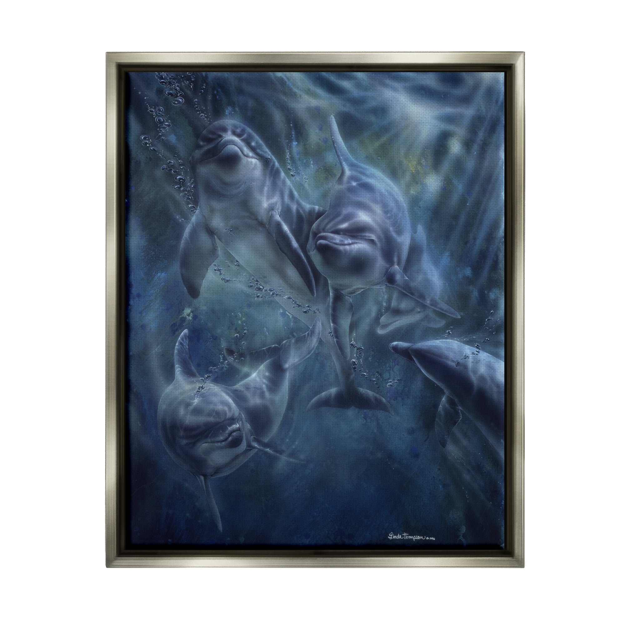 Stupell Industries Aquatic Dolphins Underwater Coastal Painting Gray Floater Framed Art Print Wall Art