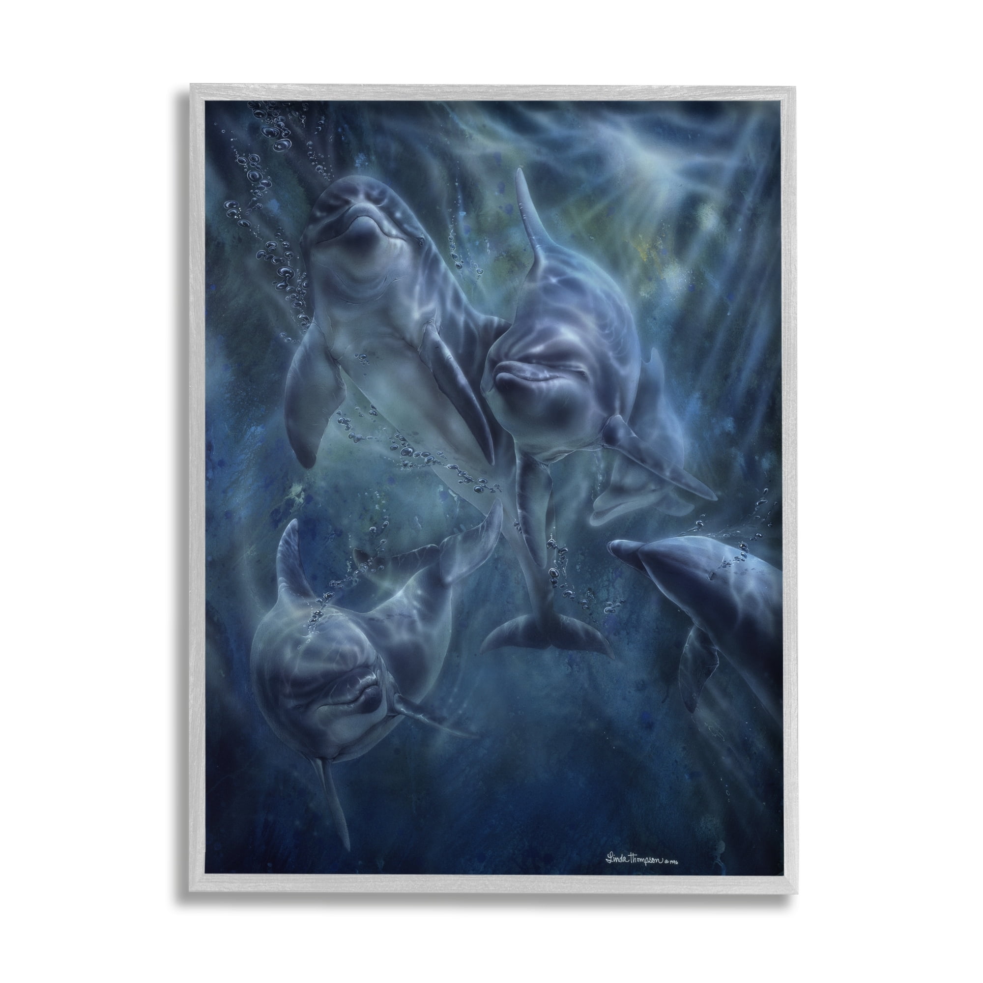 Stupell Industries Aquatic Dolphins Underwater Coastal Painting Gray Framed Art Print Wall Art