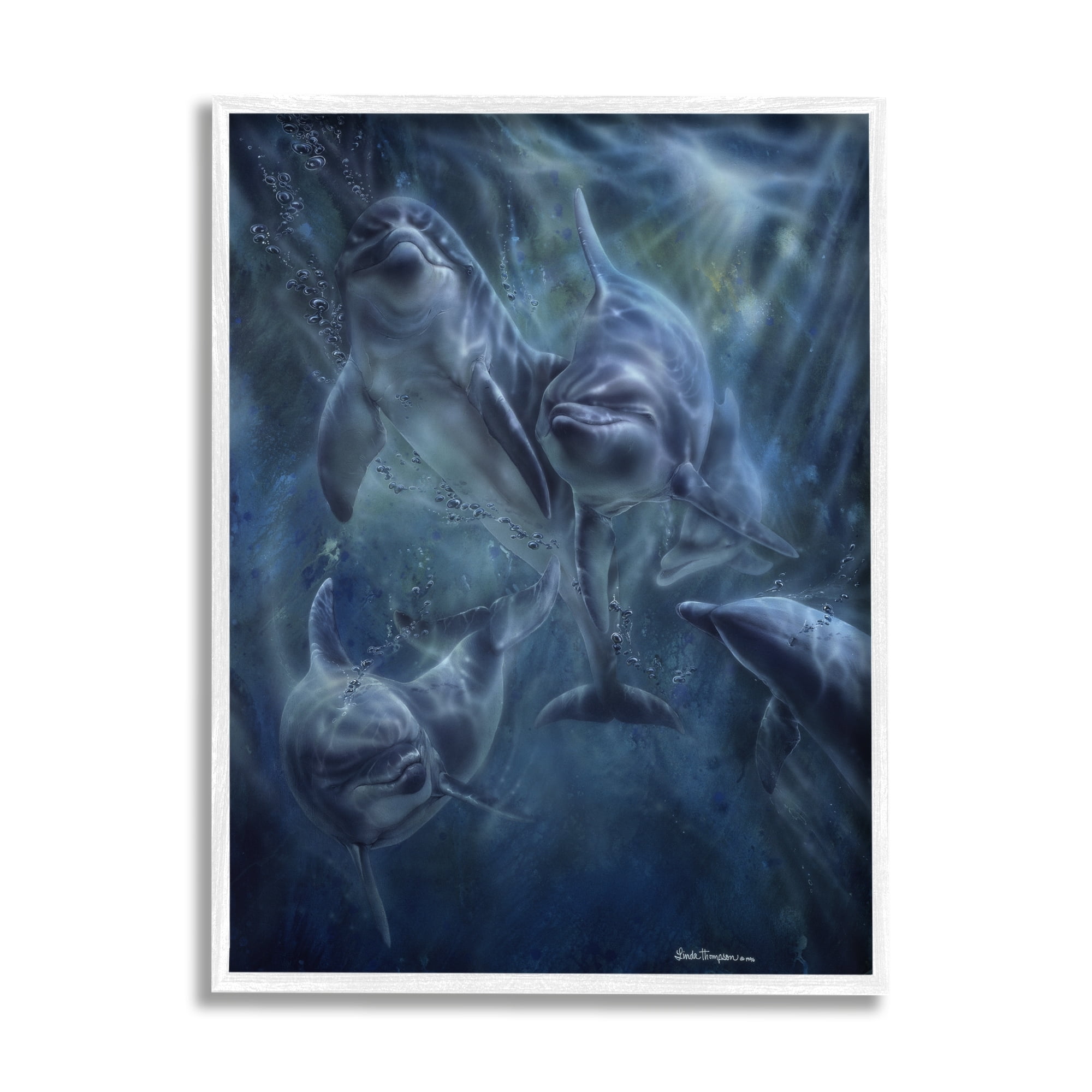 Stupell Industries Aquatic Dolphins Underwater Coastal Painting White Framed Art Print Wall Art