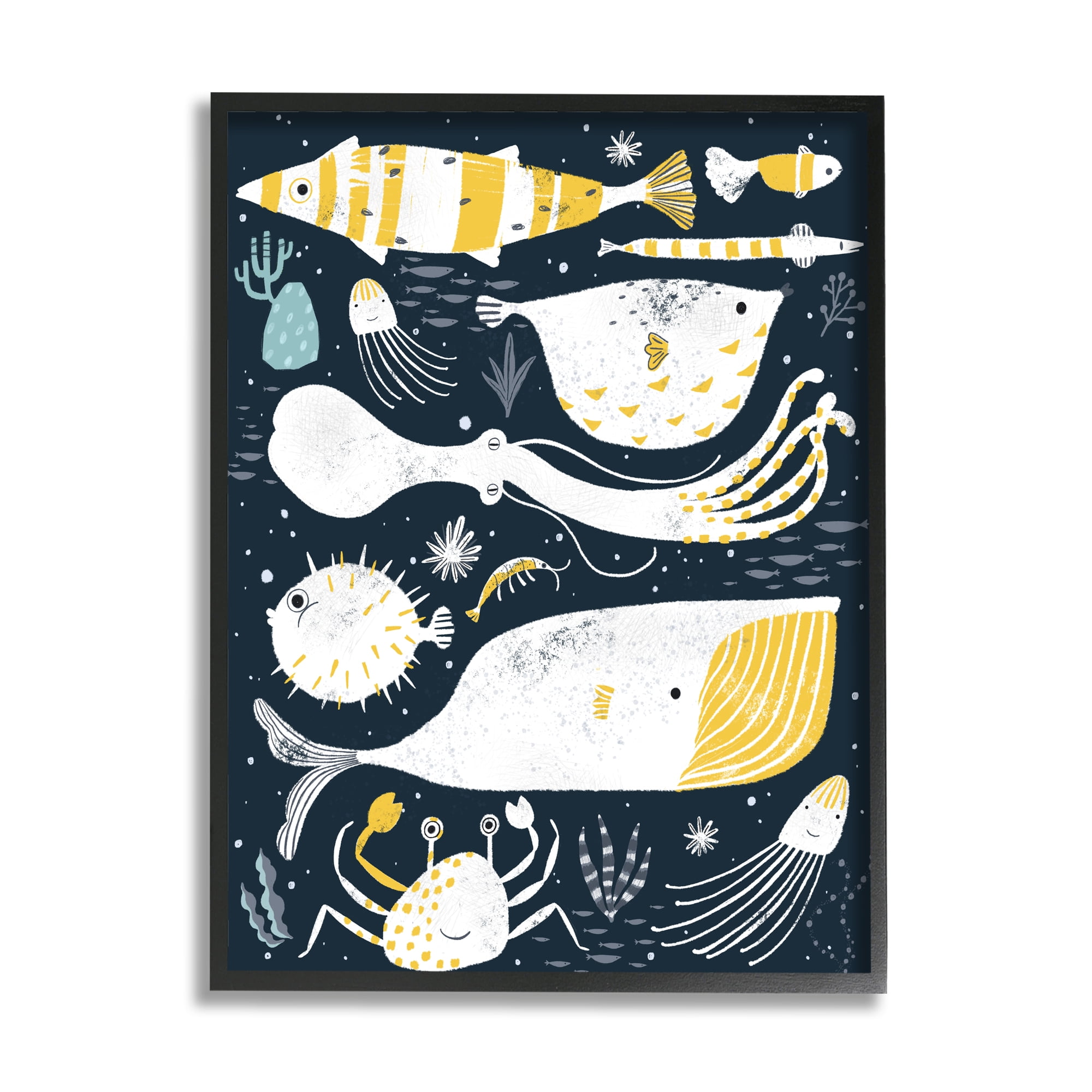 Stupell Industries Aquatic Life Ocean Collage Crab Whale Octopus Nature Painting Black Framed Art Print Wall Art, 24 x 30