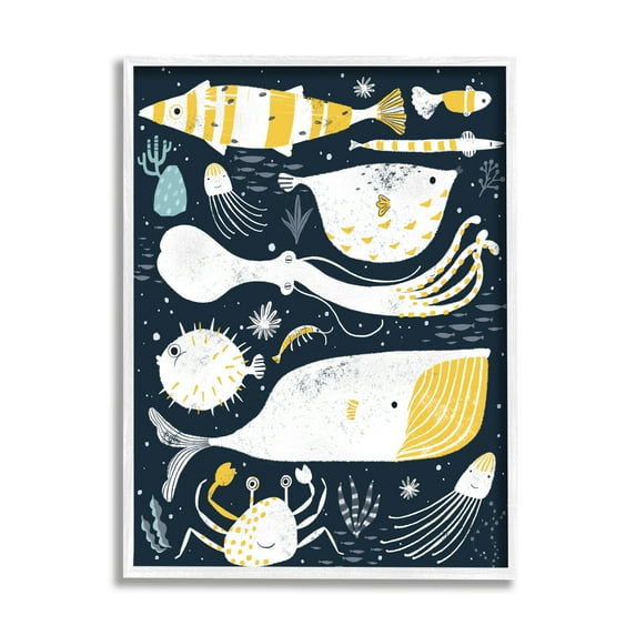 Stupell Industries Aquatic Life Ocean Collage Crab Whale Octopus Nature Painting White Framed Art Print Wall Art, 16 x 20