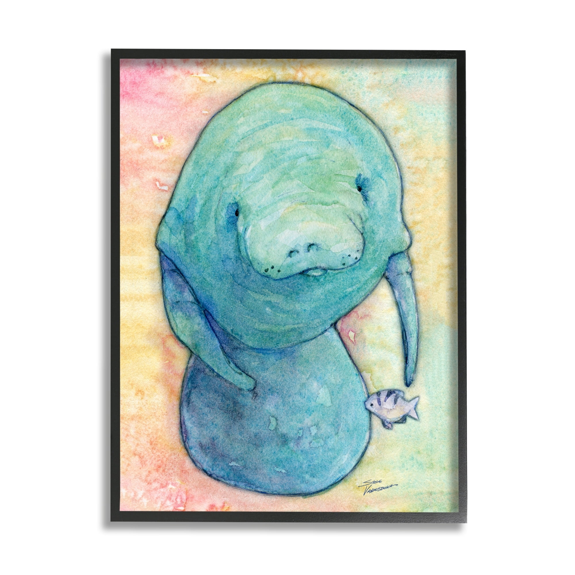Stupell Industries Aquatic Manatee Among Fish Rainbow Watercolor Detail Painting Black Framed Art Print Wall Art, Design by Steve Vanderbosh
