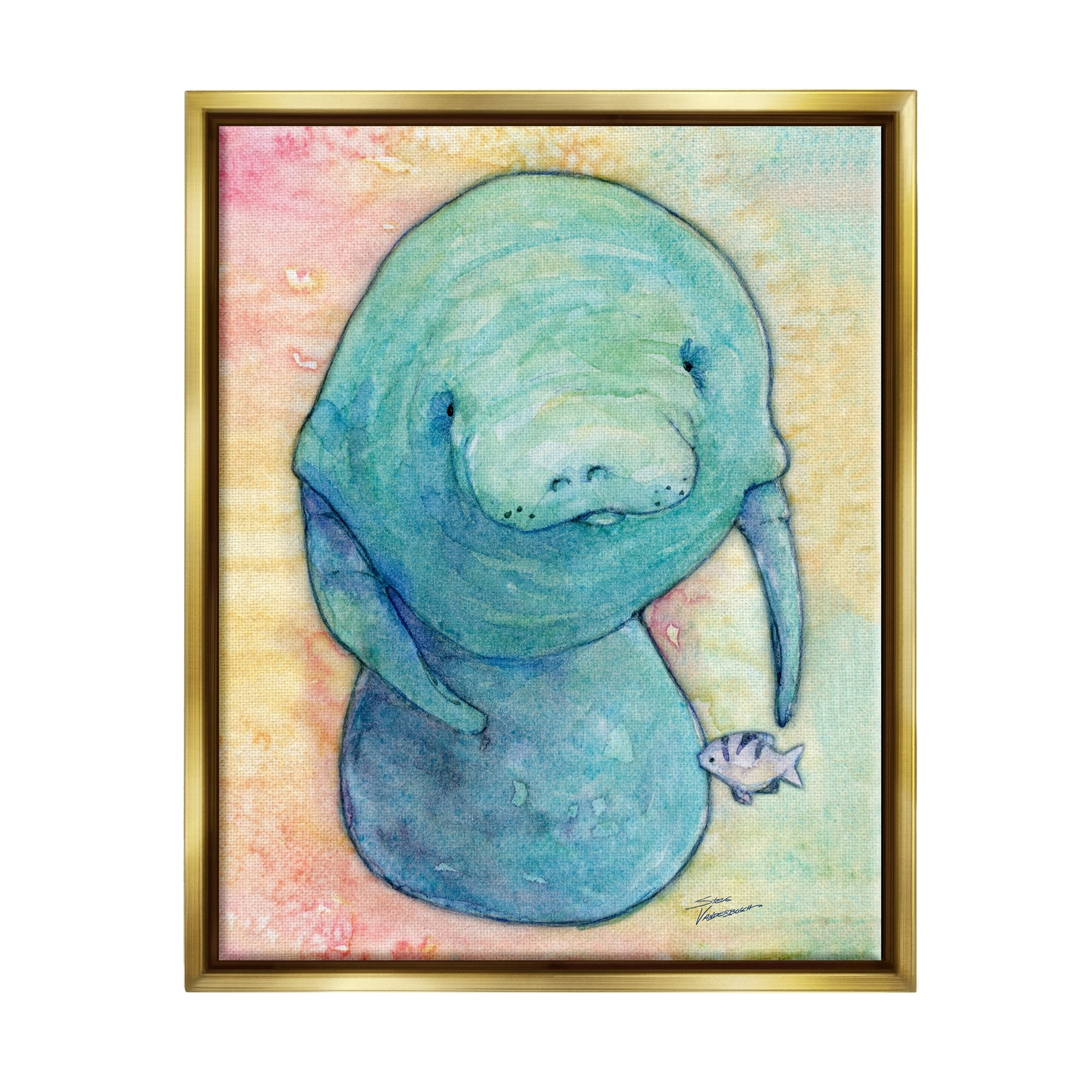 Stupell Industries Aquatic Manatee Among Fish Rainbow Watercolor Detail Painting Metallic Gold Floating Framed Canvas Print Wall Art, Design by Steve Vanderbosh