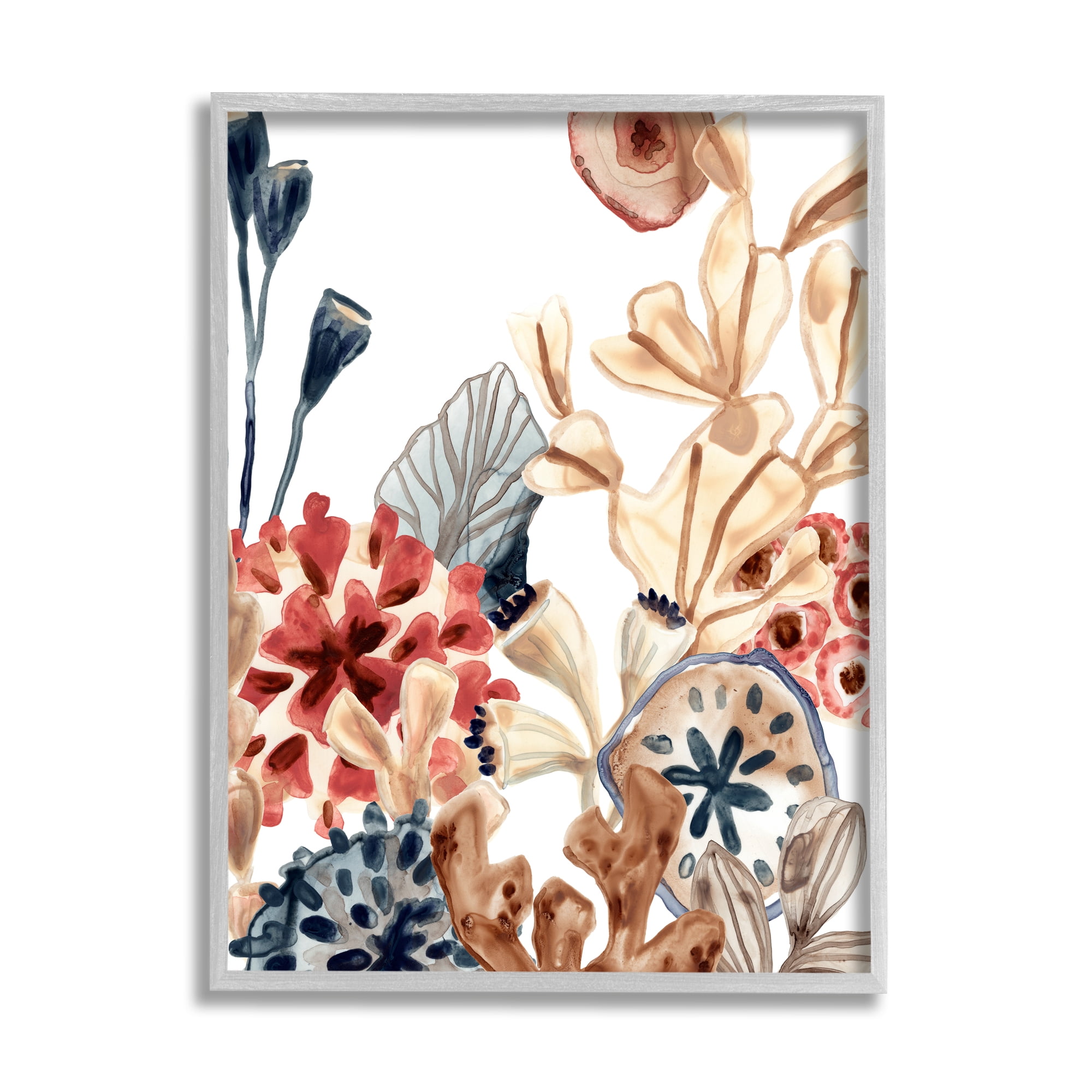 Stupell Industries Aquatic Plant Life Assortment Coral Kelp Sand Dollars Nature Painting Gray Framed Art Print Wall Art, 24 x 30