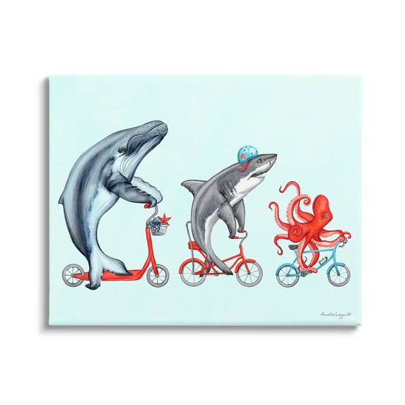 Stupell Industries Aquatic Sea Life Animals Riding Bikes Red Accent Graphic Art Gallery Wrapped Canvas Print Wall Art, Design by Amelie Legault