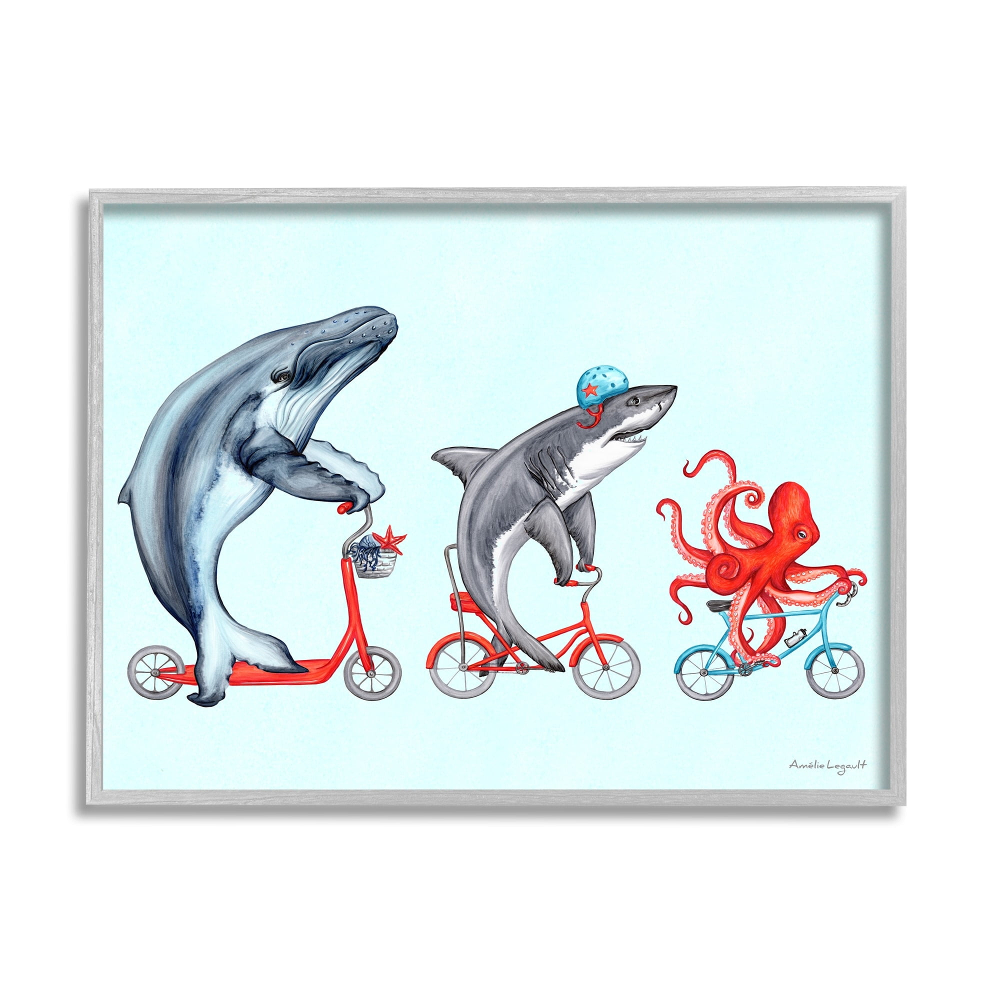 Stupell Industries Aquatic Sea Life Animals Riding Bikes Red Accent Graphic Art Gray Framed Art Print Wall Art, Design by Amelie Legault