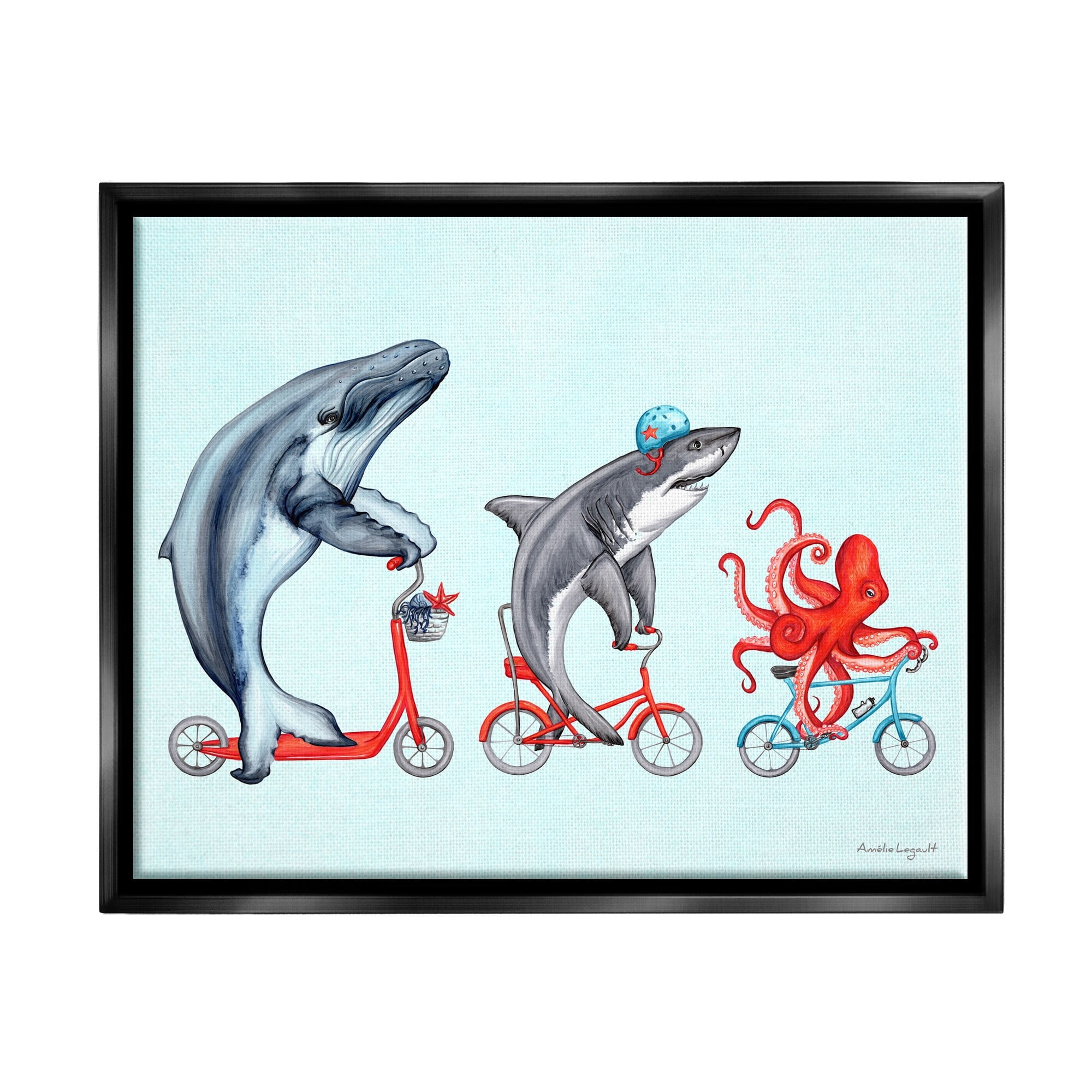 Stupell Industries Aquatic Sea Life Animals Riding Bikes Red Accent Graphic Art Jet Black Floating Framed Canvas Print Wall Art, Design by Amelie Legault