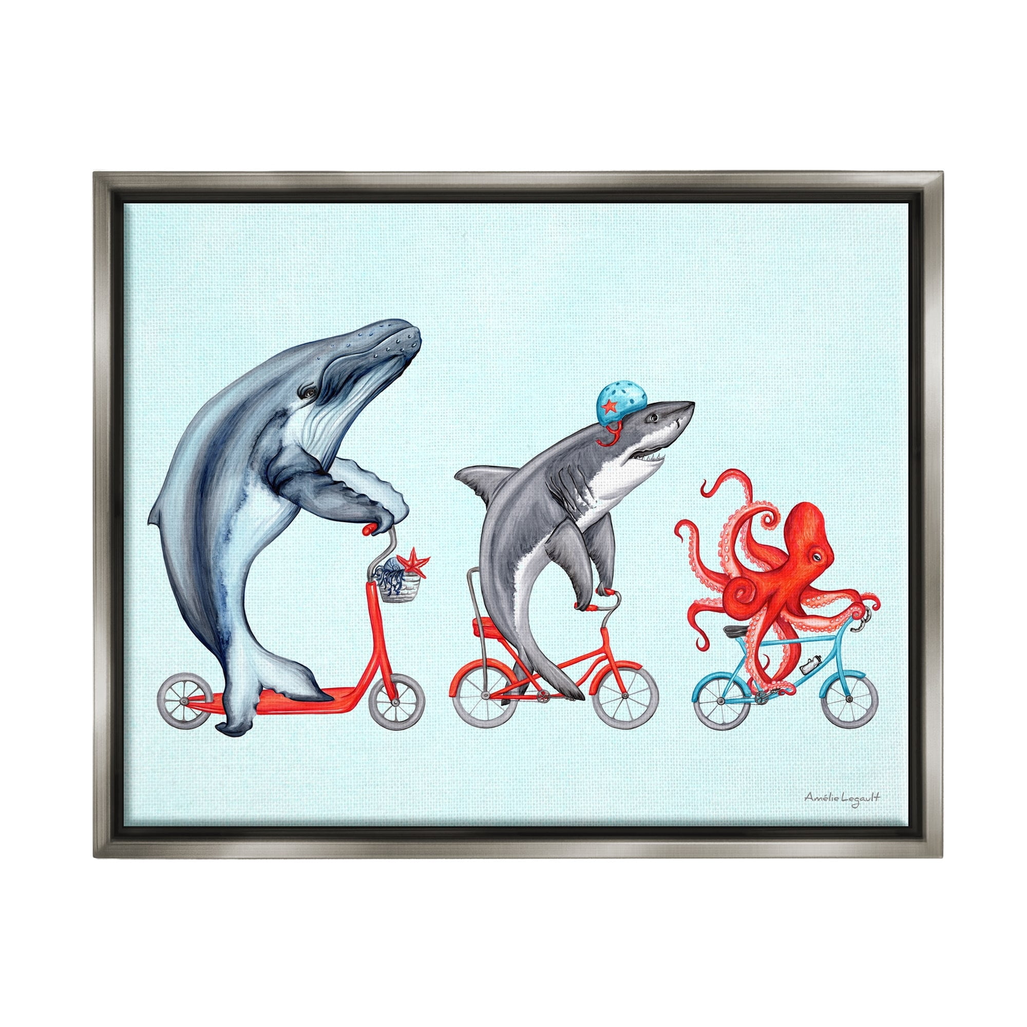Stupell Industries Aquatic Sea Life Animals Riding Bikes Red Accent Graphic Art Luster Gray Floating Framed Canvas Print Wall Art, Design by Amelie Legault