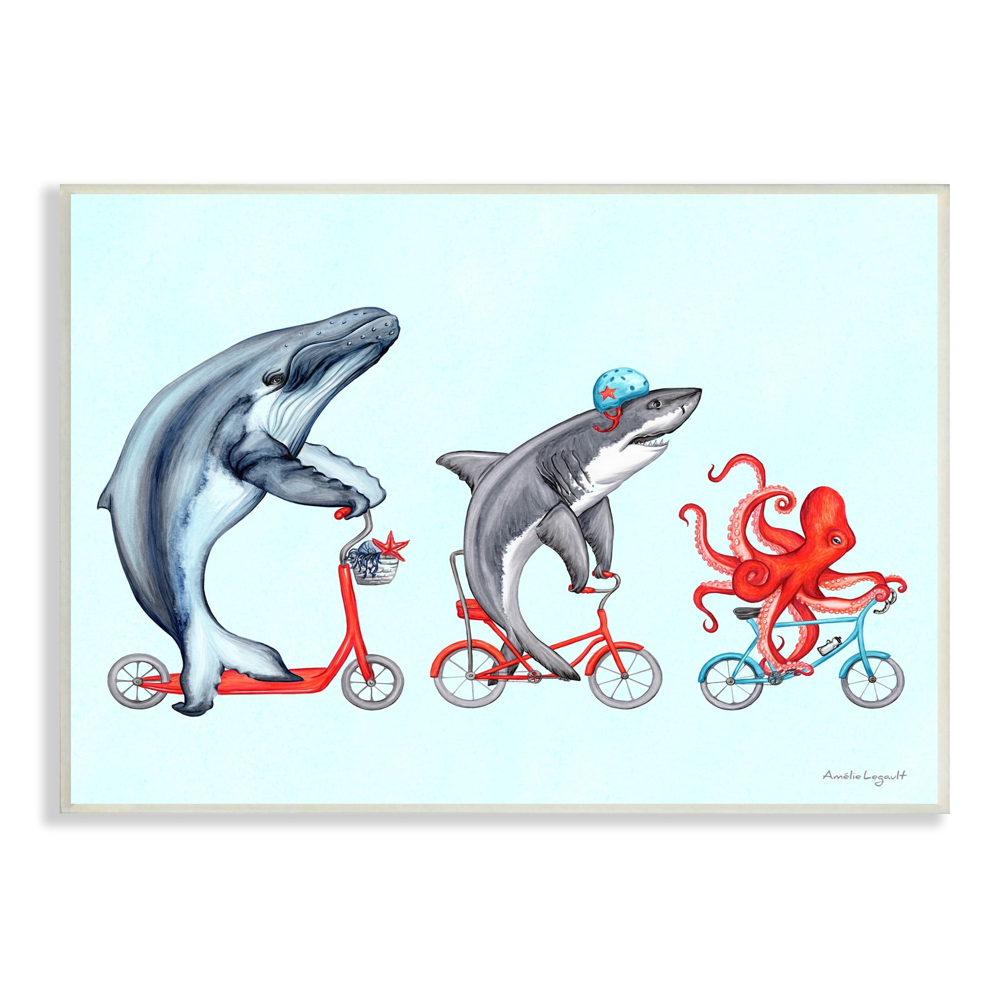 Stupell Industries Aquatic Sea Life Animals Riding Bikes Red Accent Graphic Art Unframed Art Print Wall Art, Design by Amelie Legault