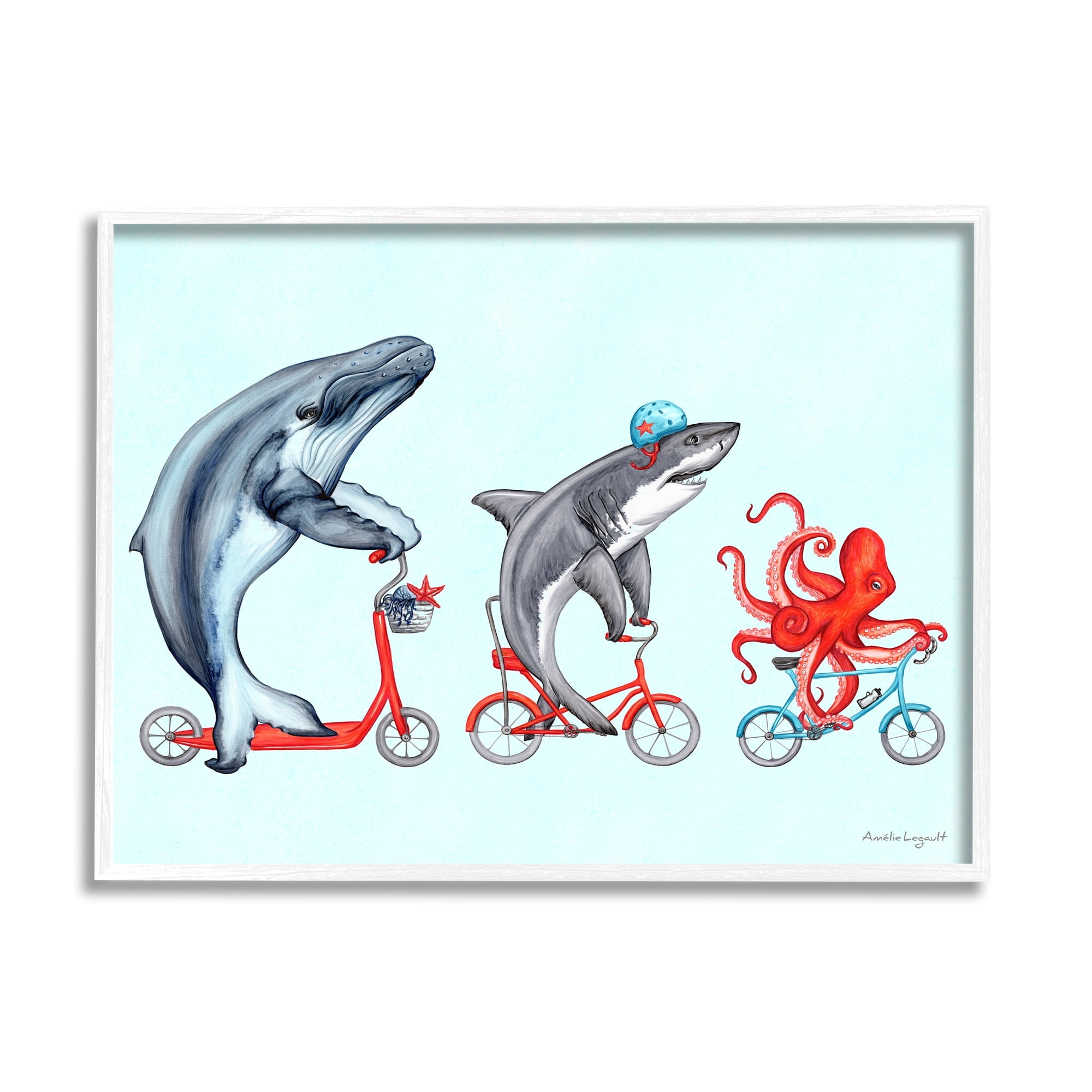 Stupell Industries Aquatic Sea Life Animals Riding Bikes Red Accent Graphic Art White Framed Art Print Wall Art, Design by Amelie Legault