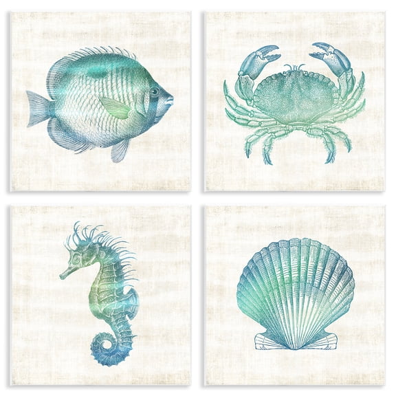 Stupell Industries Aquatic Sea Life Impressions Animals Painting Unframed Art Print Wall Art, 12 x 12, Set of 4