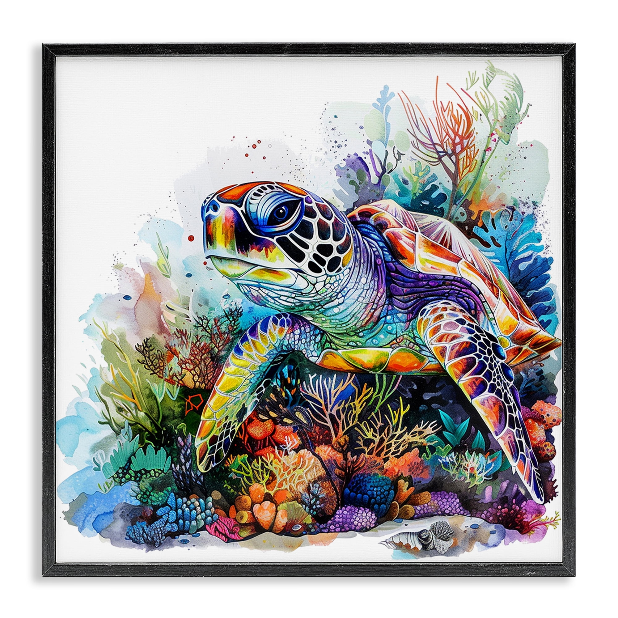 Stupell Industries Aquatic Sea Turtle Animals Painting Black Framed Art Print Wall Art, 17 x 17