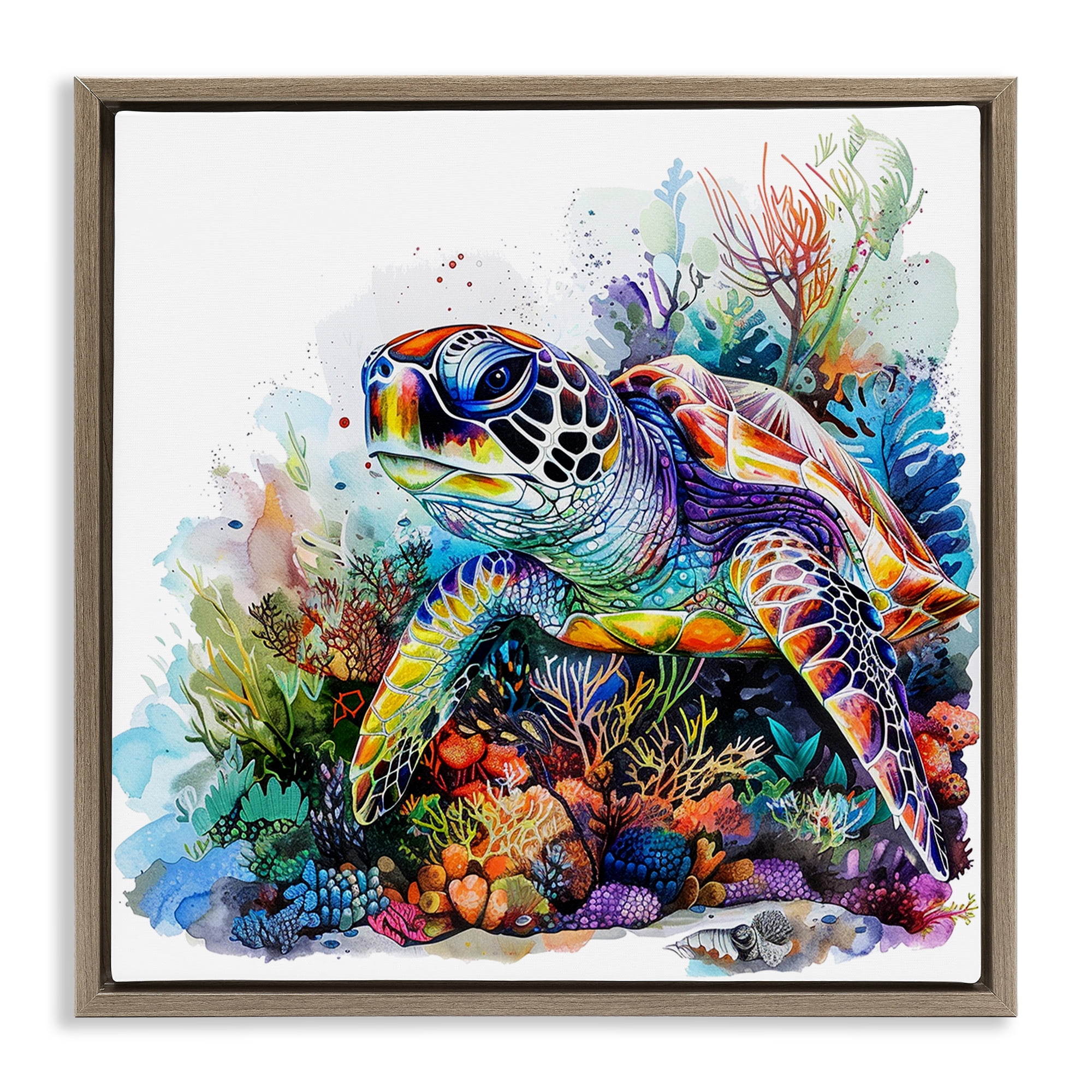 Stupell Industries Aquatic Sea Turtle Animals Painting Brown Floater Framed Canvas Art Print Wall Art, 18 x 18