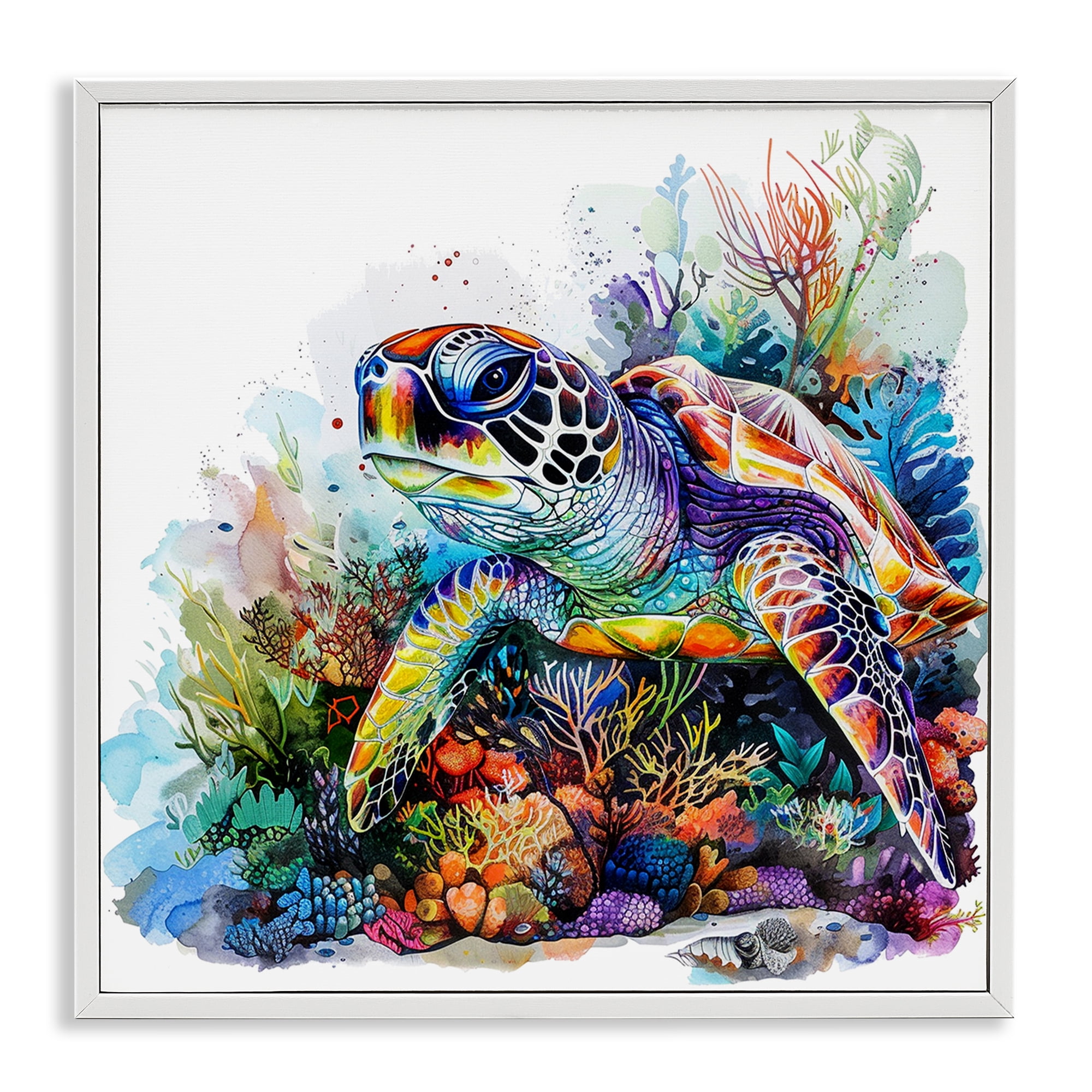 Stupell Industries Aquatic Sea Turtle Animals Painting White Framed Art Print Wall Art, 17 x 17