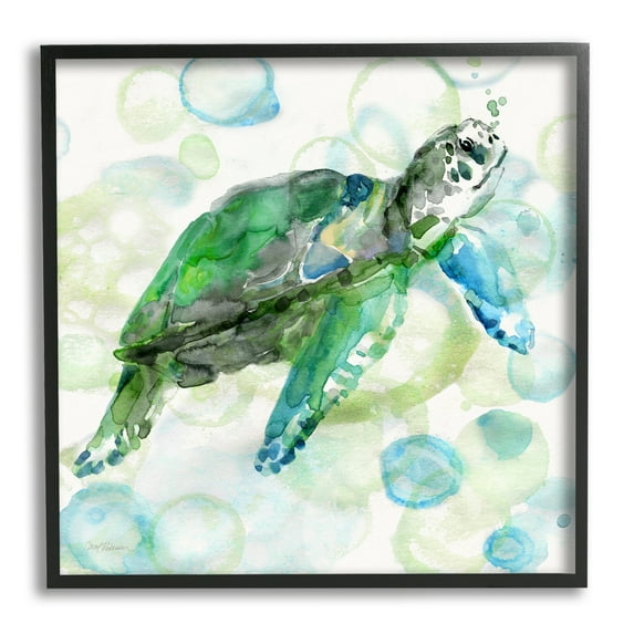 Stupell Industries Aquatic Sea Turtle Water Bubbles Watercolor Detail Painting Black Framed Art Print Wall Art, Design by Carol Robinson