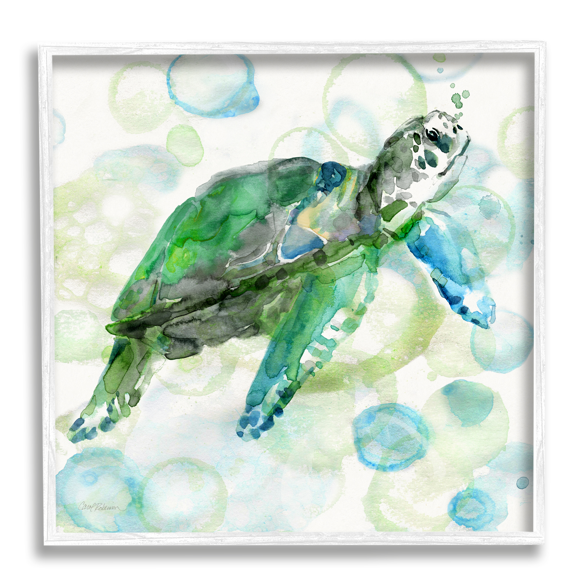 Stupell Industries Aquatic Sea Turtle Water Bubbles Watercolor Detail Painting White Framed Art Print Wall Art, Design by Carol Robinson