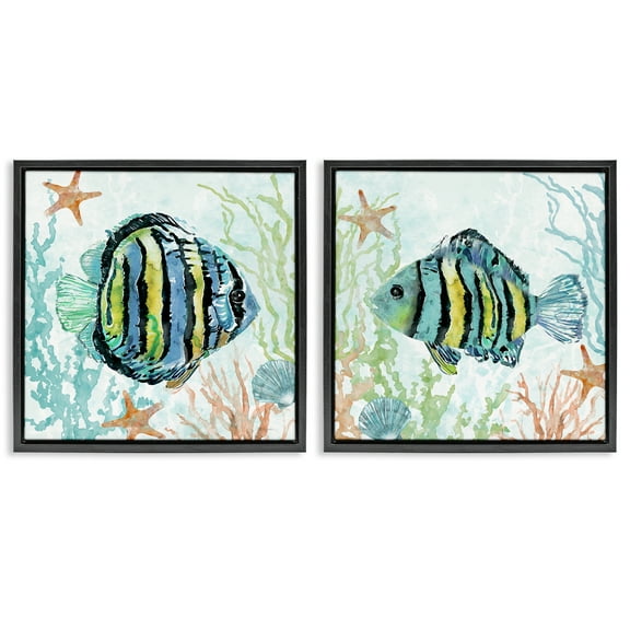 Stupell Industries Aquatic Striped Fish Animals Painting Black Floater Framed Canvas Art Print Wall Art, 18 x 18, Set of 2