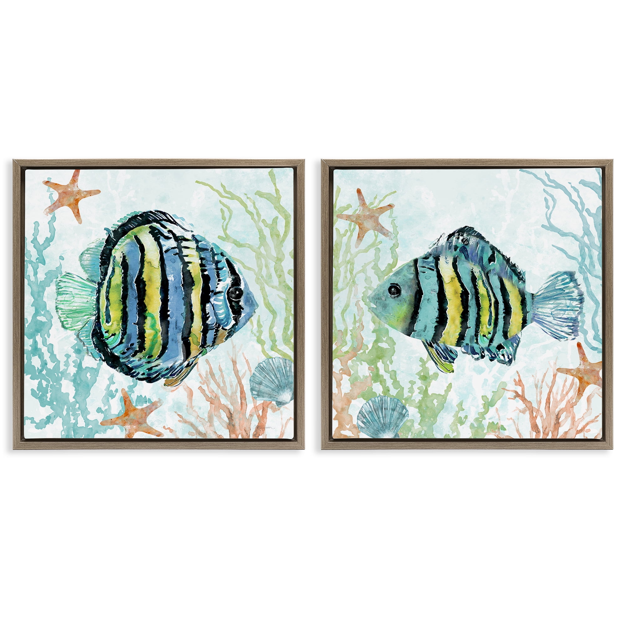 Stupell Industries Aquatic Striped Fish Animals Painting Brown Floater Framed Canvas Art Print Wall Art, 18 x 18, Set of 2