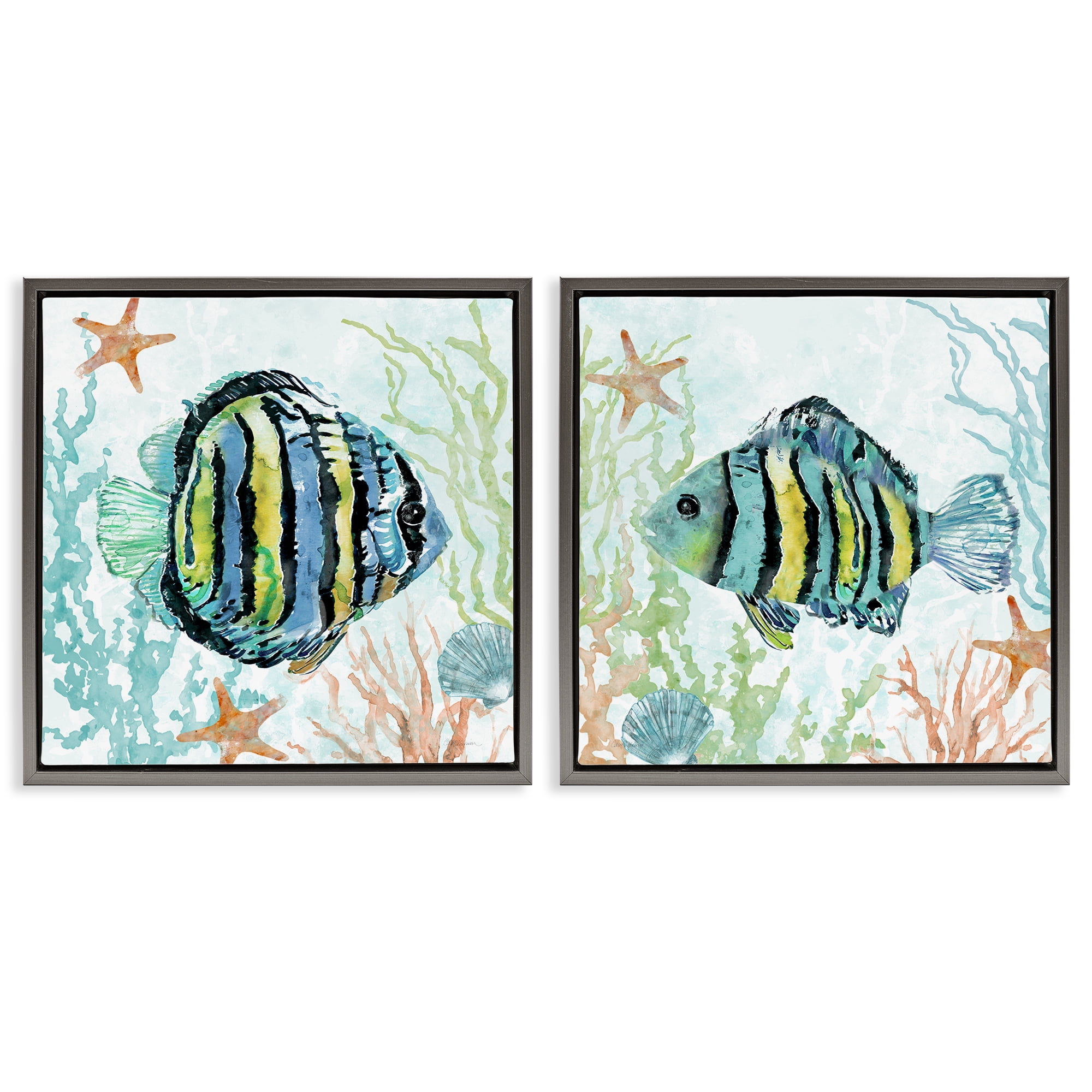 Stupell Industries Aquatic Striped Fish Animals Painting Gray Floater Framed Canvas Art Print Wall Art, 18 x 18, Set of 2