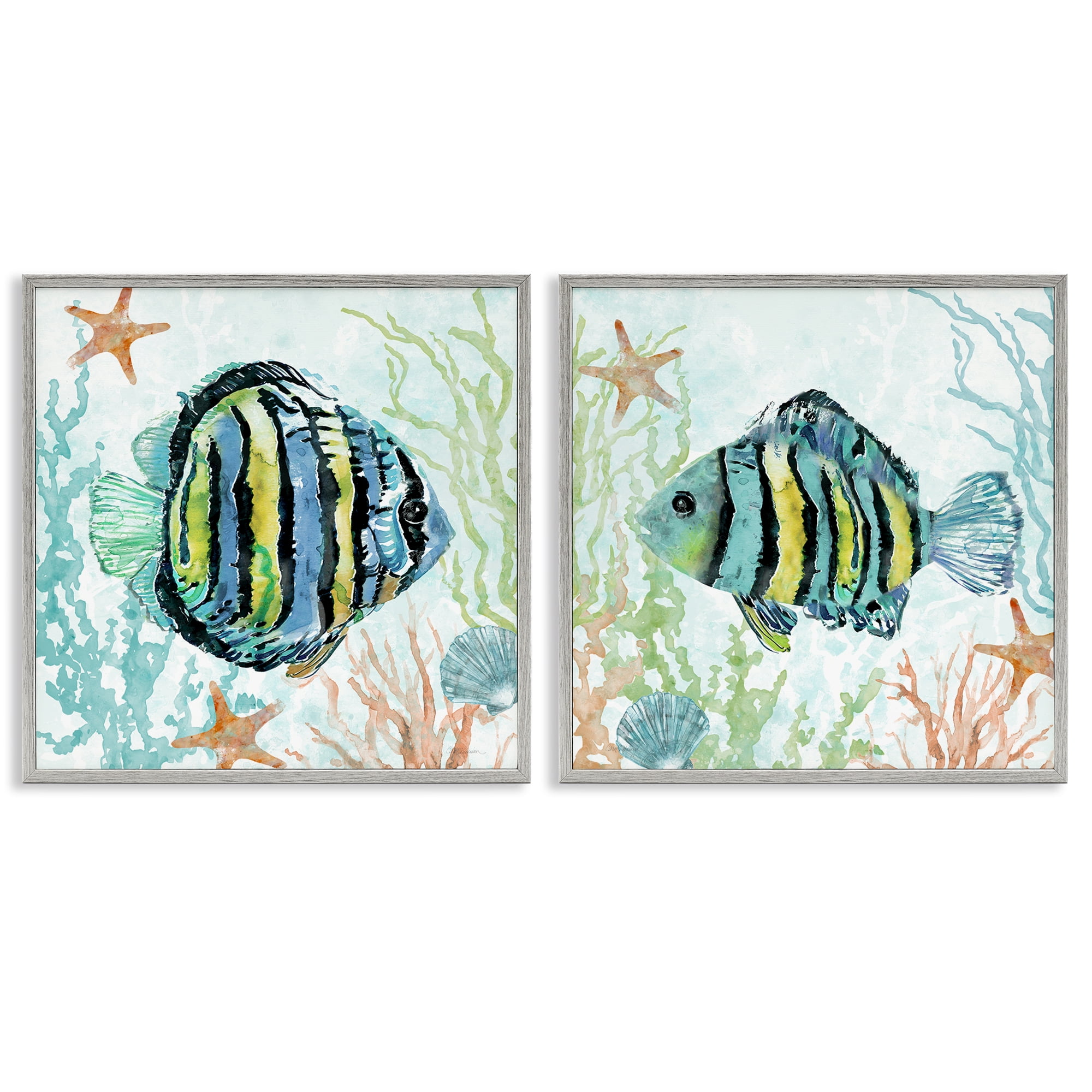 Stupell Industries Aquatic Striped Fish Animals Painting Gray Framed Art Print Wall Art, 12 x 12, Set of 2