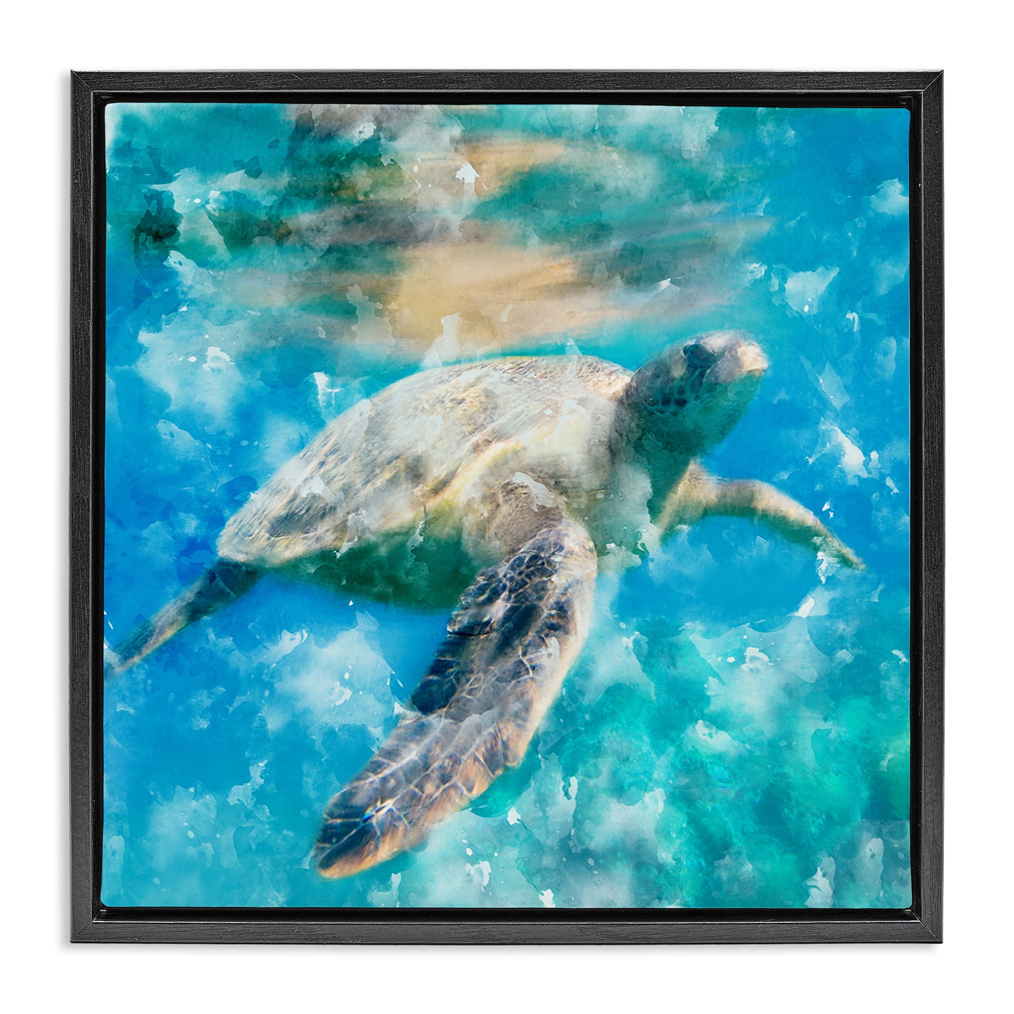 Stupell Industries Aquatic Swimming Sea Turtle Animals & Insects Painting Black Floater Framed Canvas Art Print Wall Art, 18 x 18