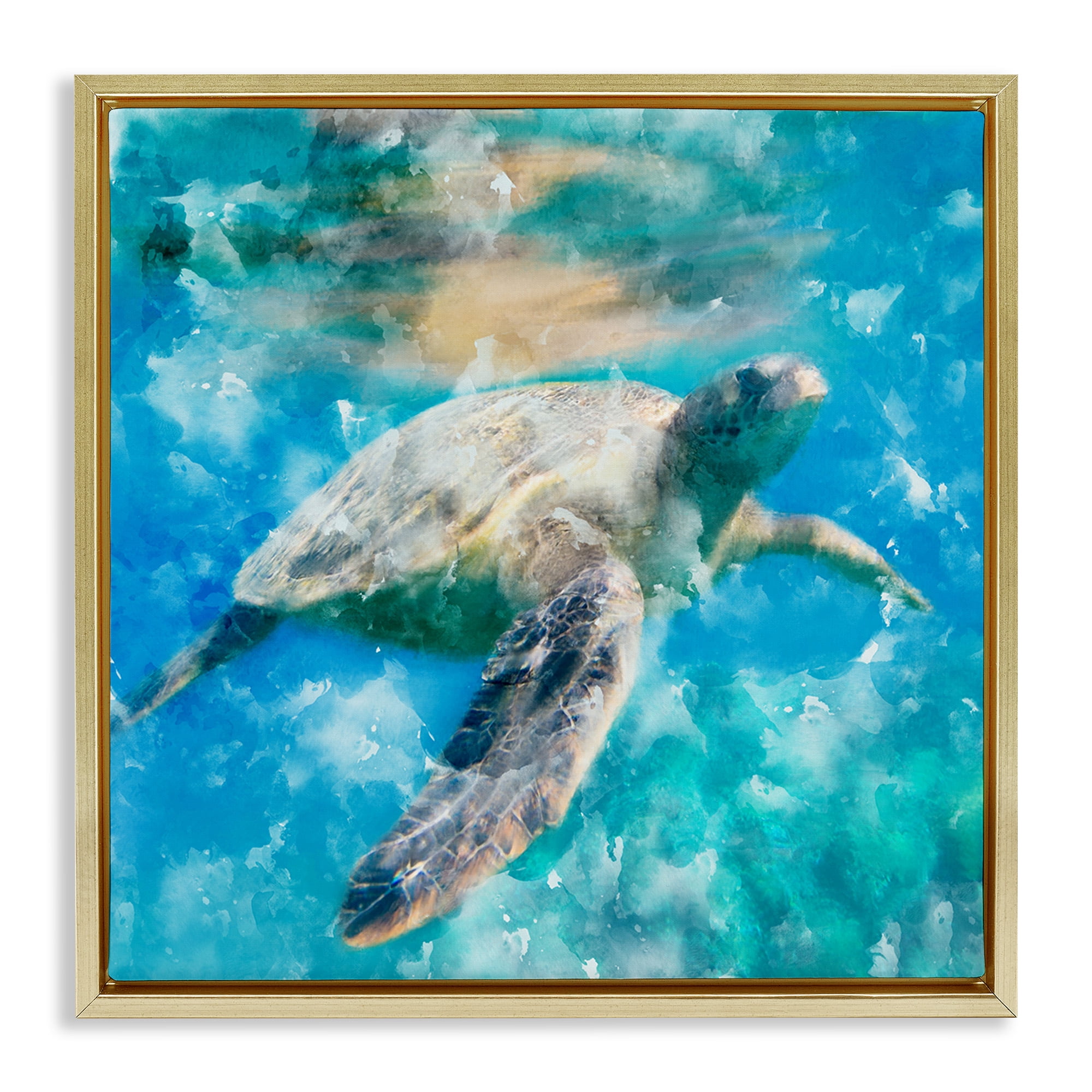 Stupell Industries Aquatic Swimming Sea Turtle Animals & Insects Painting Gold Floater Framed Canvas Art Print Wall Art, 18 x 18