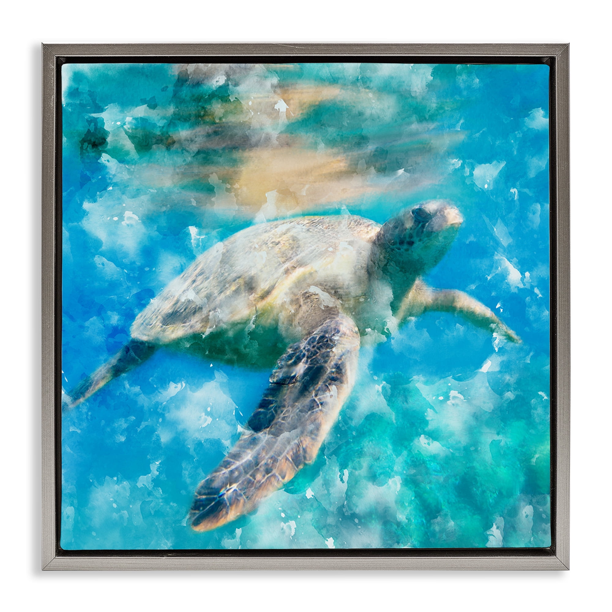 Stupell Industries Aquatic Swimming Sea Turtle Animals & Insects Painting Gray Floater Framed Canvas Art Print Wall Art, 18 x 18
