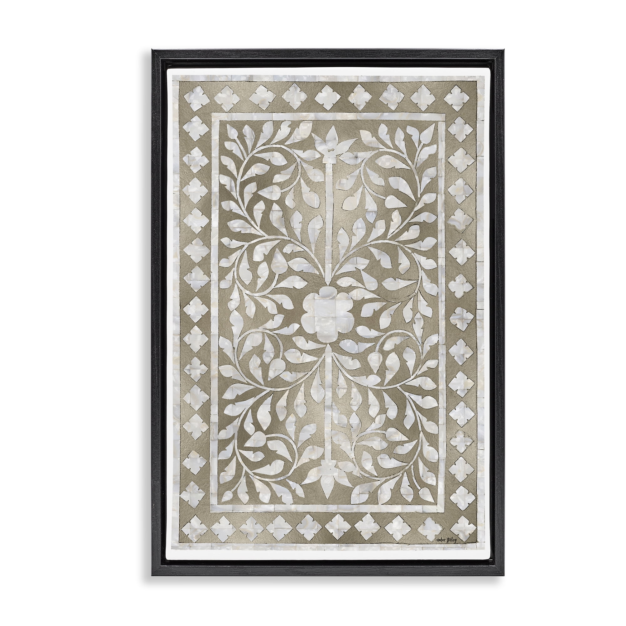 Stupell Industries Arabesque Bohemian Pattern Botanical & Floral Painting Black Floater Framed Canvas Art Print Wall Art, 21 x 31