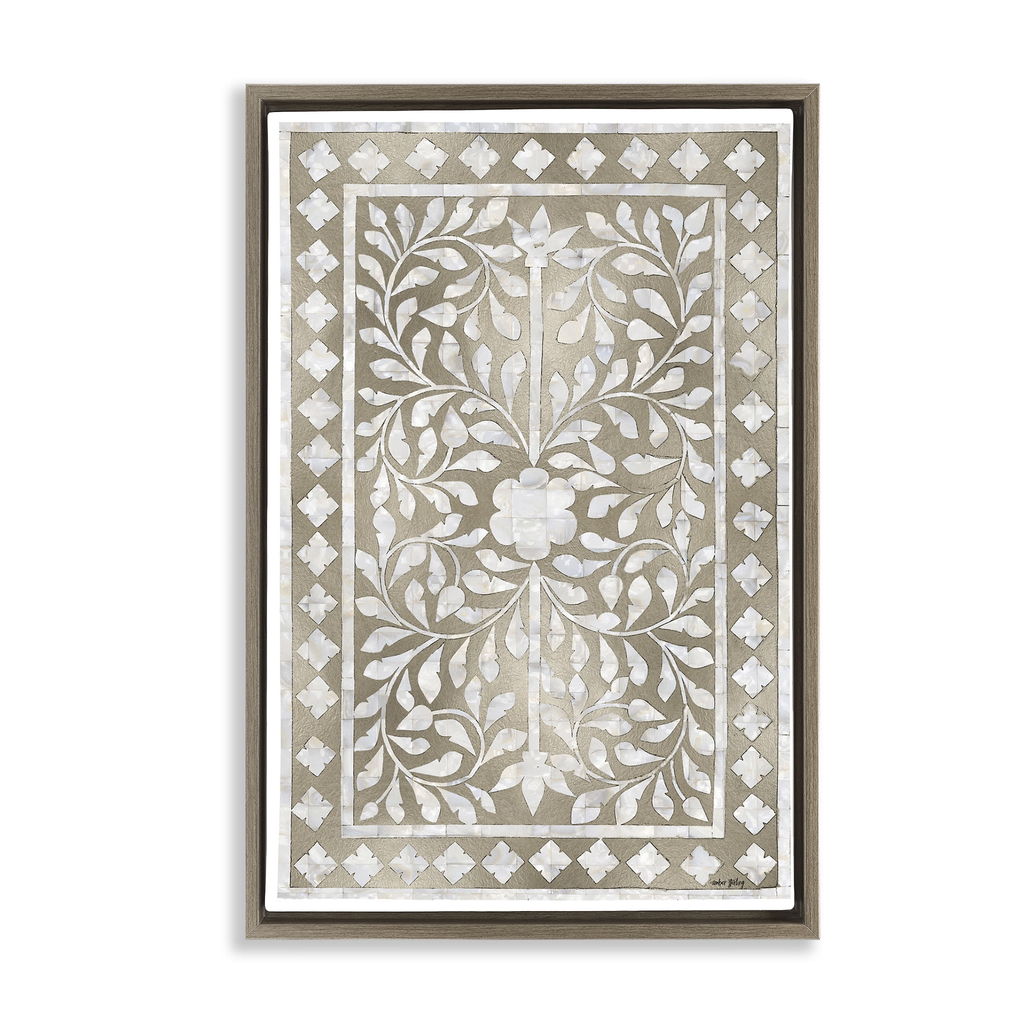 Stupell Industries Arabesque Bohemian Pattern Botanical & Floral Painting Brown Floater Framed Canvas Art Print Wall Art, 17 x 25