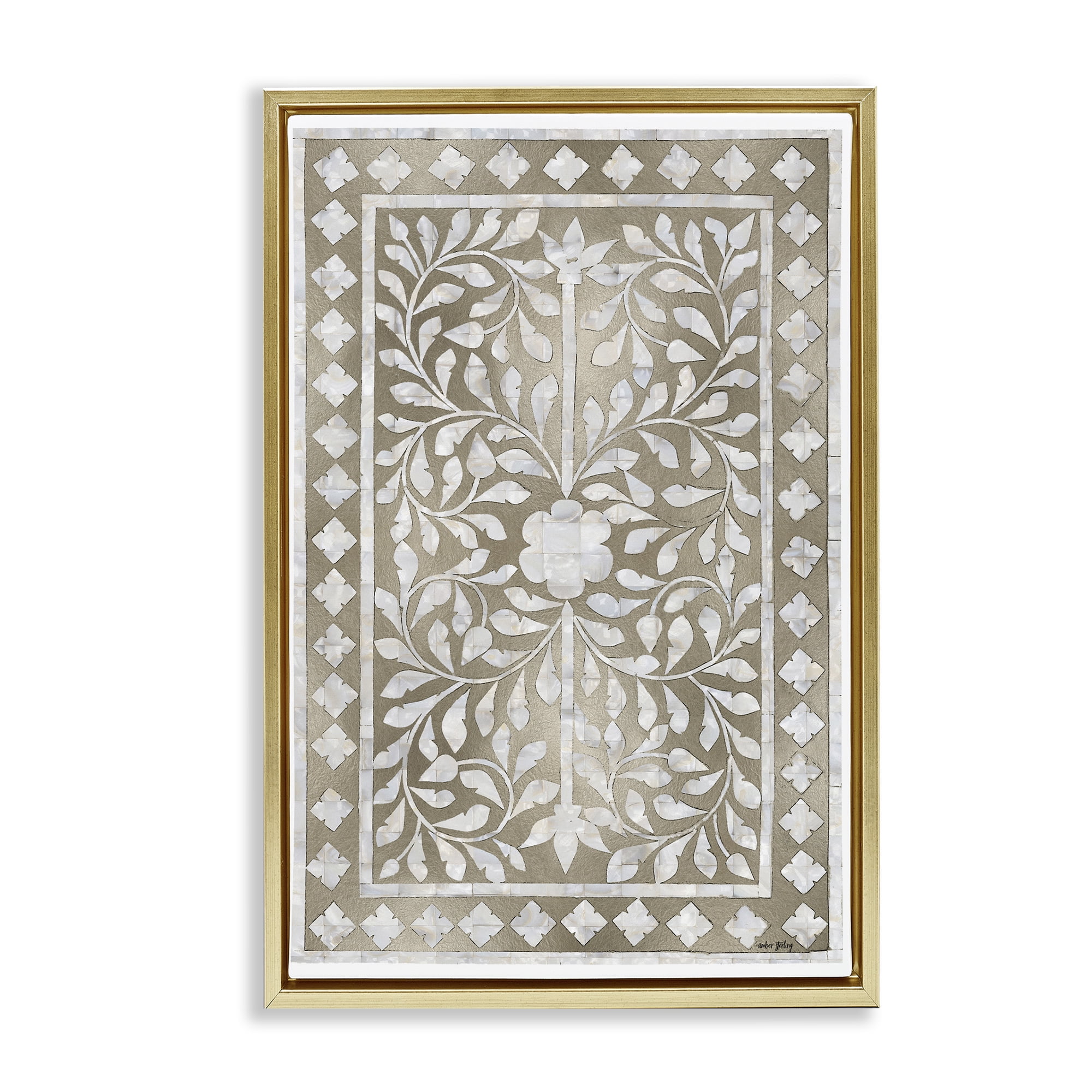 Stupell Industries Arabesque Bohemian Pattern Botanical & Floral Painting Gold Floater Framed Canvas Art Print Wall Art, 17 x 25