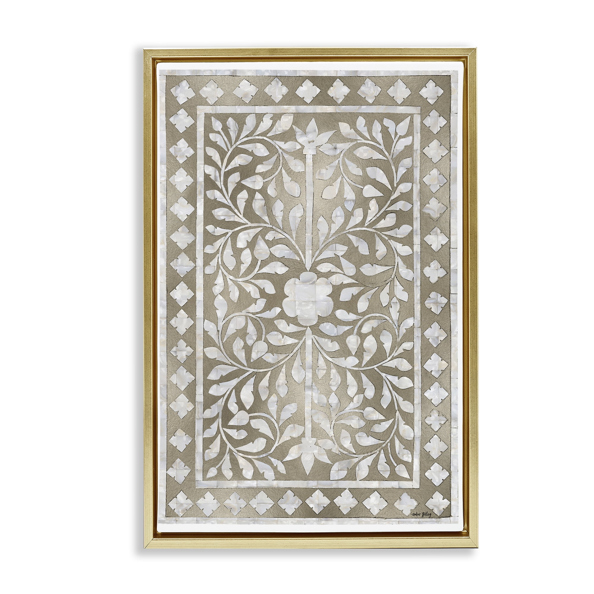 Stupell Industries Arabesque Bohemian Pattern Botanical & Floral Painting Gold Floater Framed Canvas Art Print Wall Art, 21 x 31